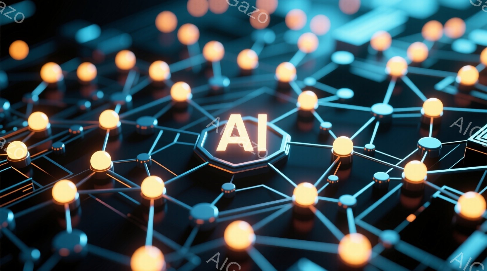 画像は、光る球体と線で構成されたネットワーク状の構造を捉えています。中央には「AI」と書かれた発光する立方体が配置され、ネットワークの中心ノードとして機能しています。全体的に暗い背景に明るい球体が配置されているため、未来的なテクノロジーと接続性を象徴するような、幻想的でダイナミックな雰囲気を醸し出しています。
