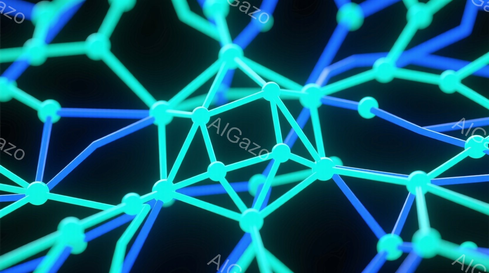 この画像は、暗い背景に浮かぶ、青緑色の光るネットワーク構造を描いています。球状のノードが線で繋がり、複雑な網の目のような形状を形成しており、まるで分子構造や神経回路を想起させます。全体的に未来的で、科 - AI生成フリー素材