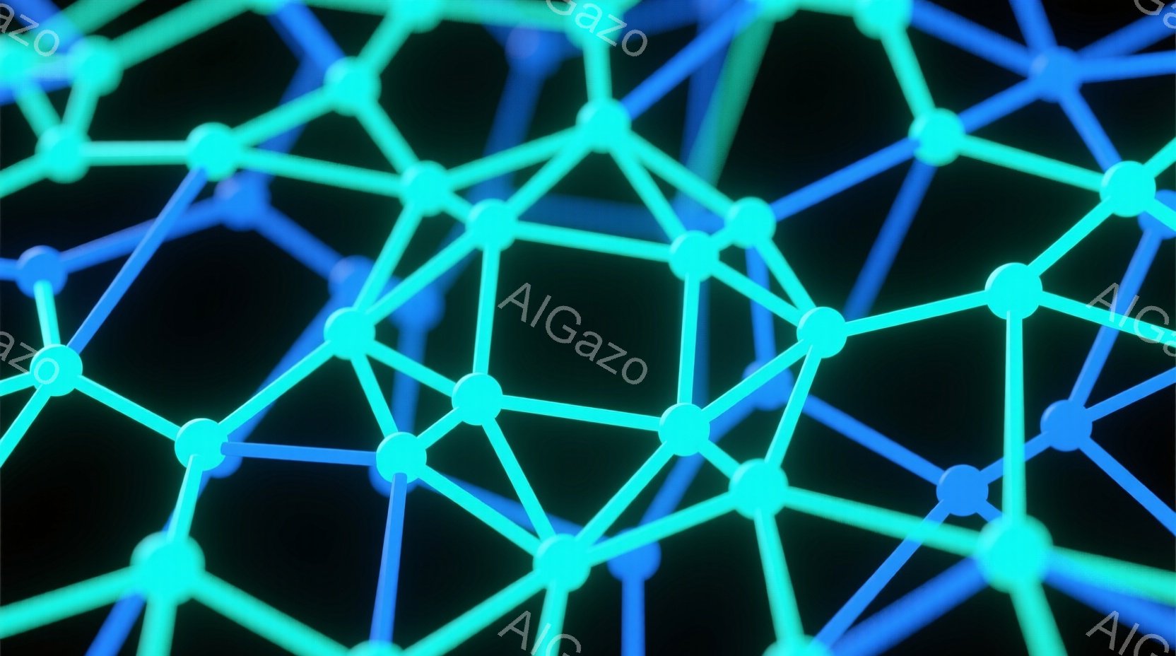 暗い背景に、明るい青色の線が網の目のように複雑に絡み合った構造物が浮かび上がっています。各線の接続点には、小さな光る球体が配置されており、まるで分子構造やネットワークを表しているかのようです。全体的に - AI生成フリー素材