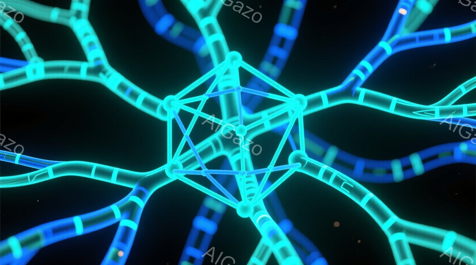 この画像は、青く光る複雑な構造体が暗い背景に浮かび上がっている様子を描写しています。管のような線が中心の多面体構造に接続され、まるで神経細胞や血管のような有機的な印象を与えます。背景には微かな星のような光点があり、深宇宙やデジタル空間のような神秘的な雰囲気を醸し出しています。