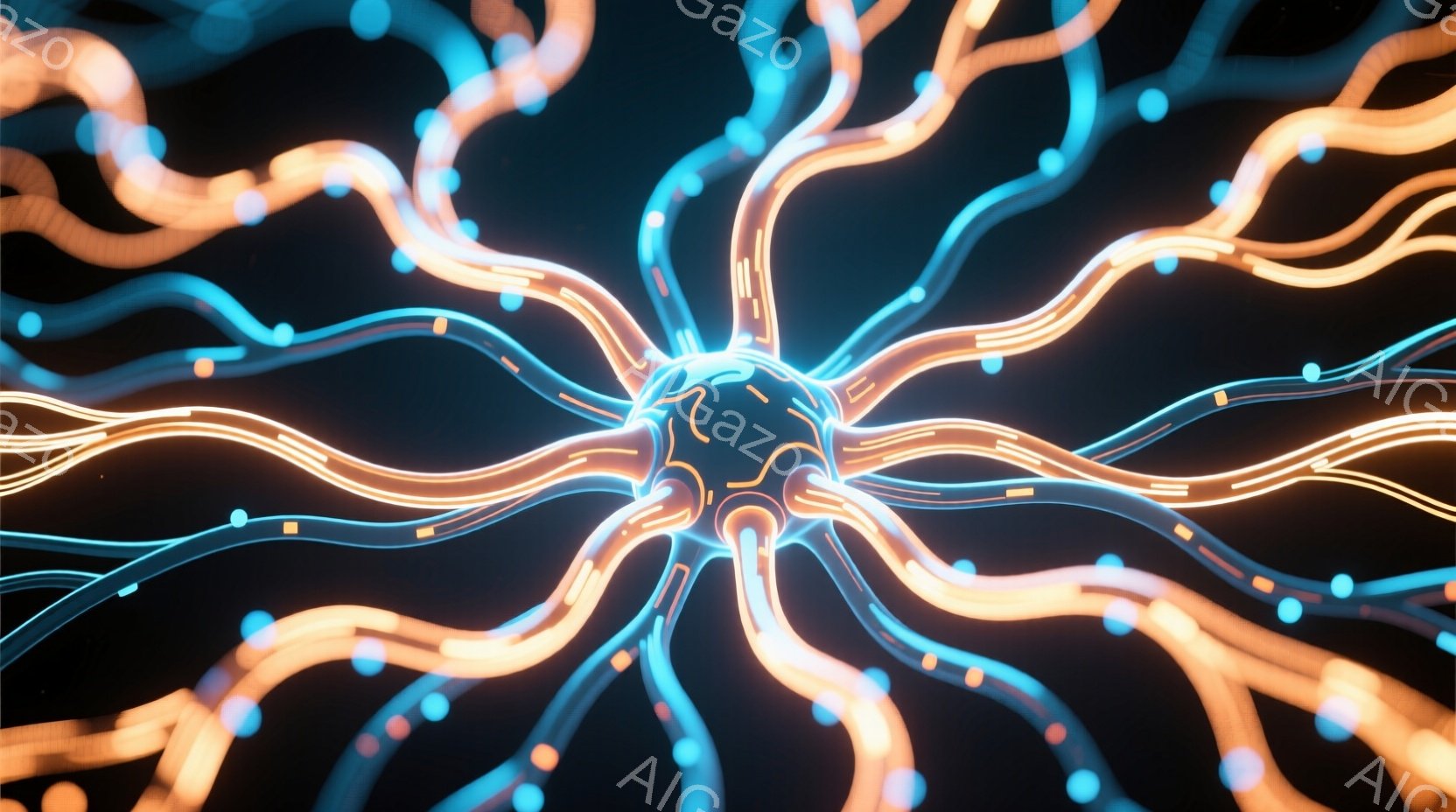 鮮やかなネオンカラーの光線が中心から放射状に広がっており、まるで神経細胞や電気回路のような印象を与えます。光線は曲がりくねりながらも整然と配置されており、暗い背景とのコントラストが際立っています。全体 - AI生成フリー素材