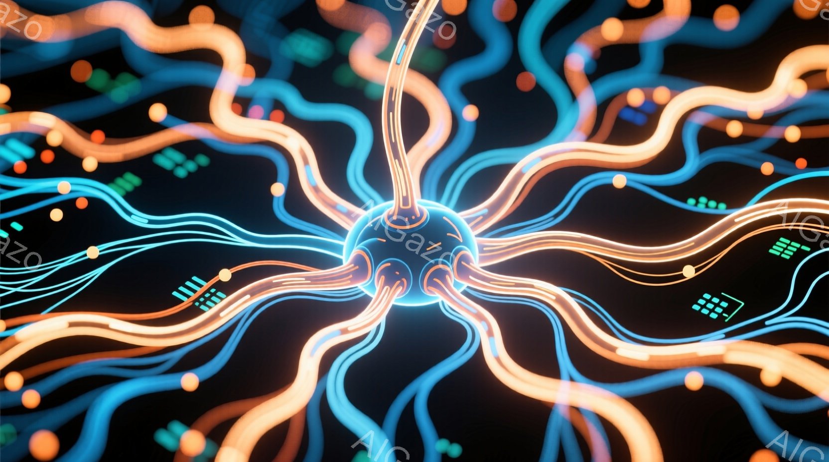 鮮やかなネオンカラーの光線が、暗い背景から放射状に広がっている様子が描かれている。中心部には明るい青色の球体があり、そこからオレンジと水色の光の線が複雑に絡み合い、まるで神経細胞のネットワークのようで - AI生成フリー素材