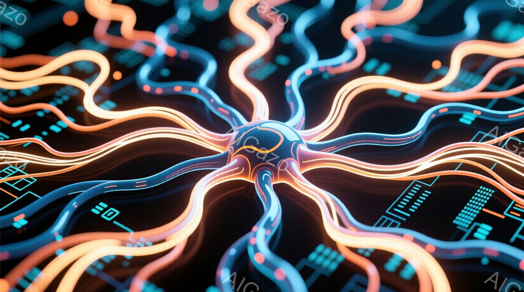 鮮やかなオレンジと青の光の線が、暗い背景から放射状に広がっている様子が描かれている。これらの線はまるで神経細胞や回路を連想させ、中心からエネルギーが放出されているような印象を与える。背景にはデジタルな - AI生成フリー素材