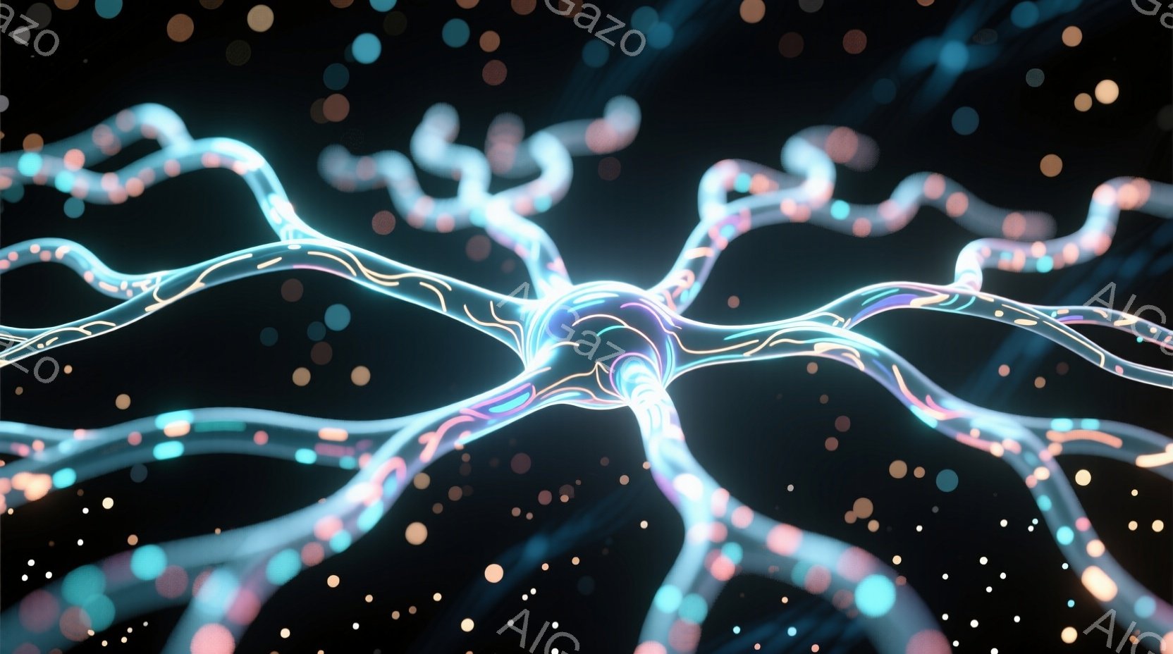 鮮やかな青とピンクの光を放つニューロンが、暗い背景に浮かび上がっている。その構造は複雑で、中心部から放射状に多くの枝が伸びている様子が描かれている。背景には微かな光の粒子が散りばめられ、まるで宇宙空間のような神秘的な雰囲気を醸し出している。
