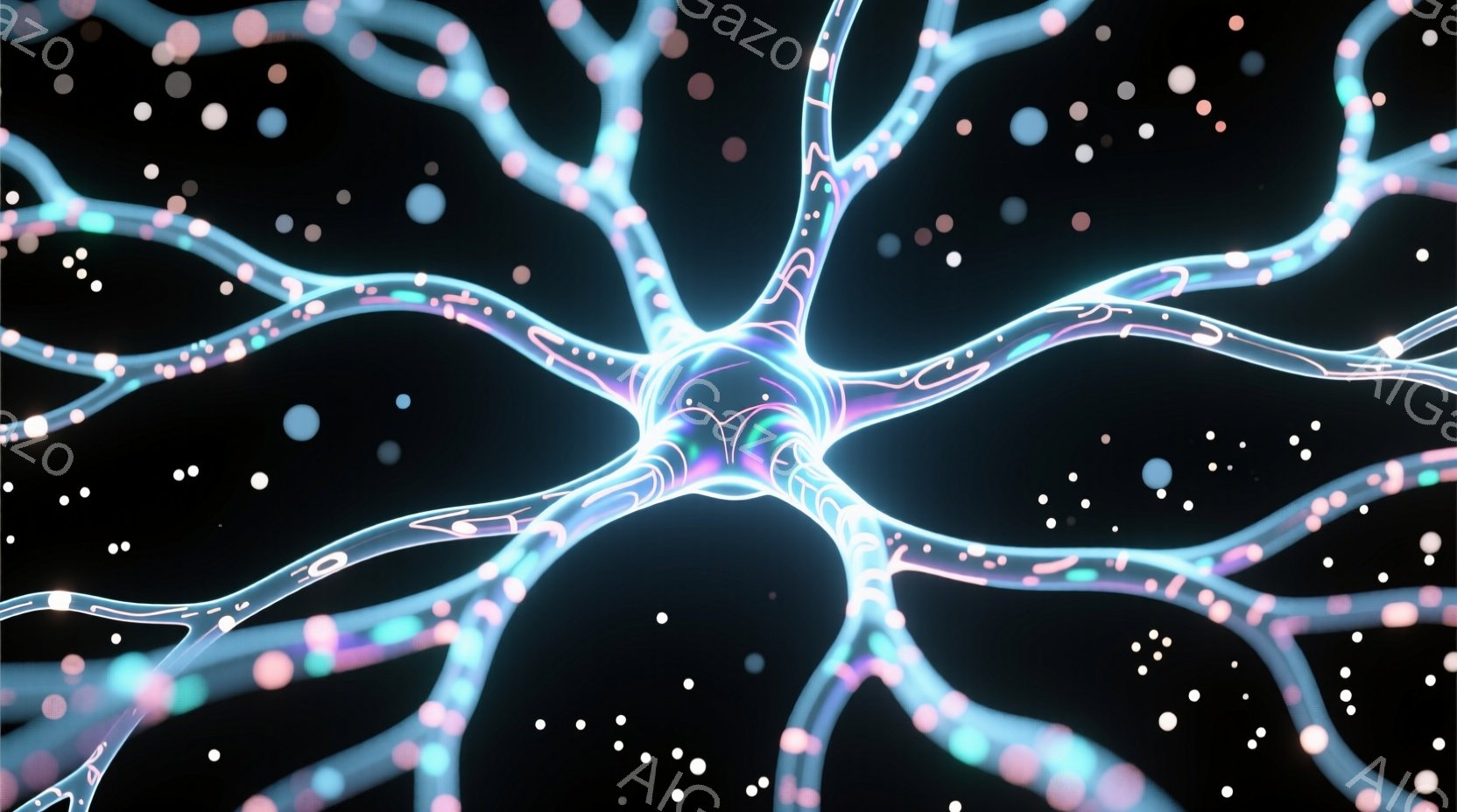 この画像は、暗い背景に輝くニューロンのネットワークを描写しています。青とピンクのグラデーションがかった繊細な線が複雑に絡み合い、まるで宇宙空間に浮かぶ神経細胞のようです。背景には小さな光点が散りばめられ、神秘的で生命感あふれる雰囲気を醸し出しています。