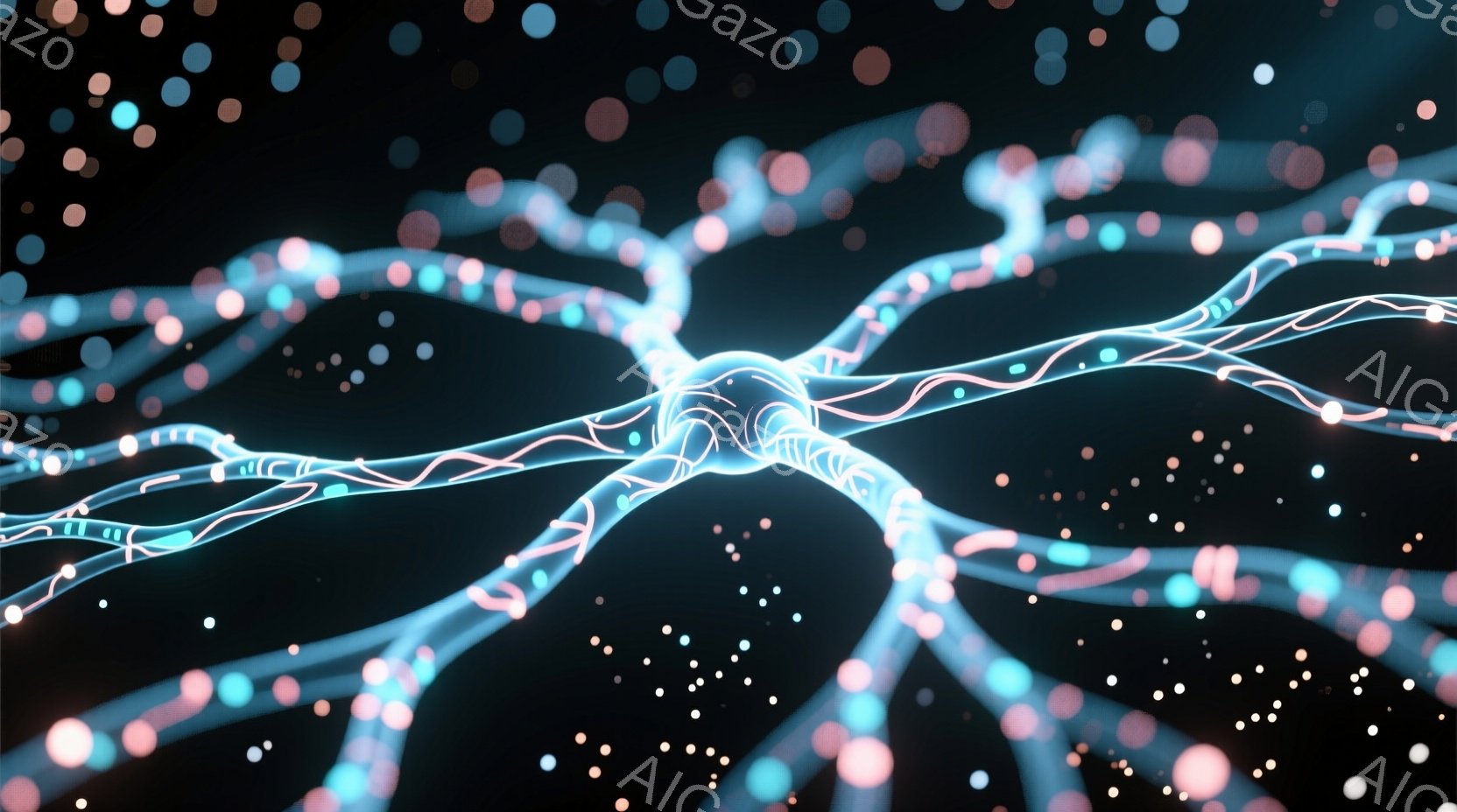 鮮やかな青とピンクの光が、神経細胞のような複雑なネットワークを形成している。光の線は中心部から放射状に広がり、まるで脳内のシナプス活動を視覚化したかのようだ。暗い背景に散りばめられた小さな光の粒子が、幻想的で未来的な雰囲気を醸し出している。