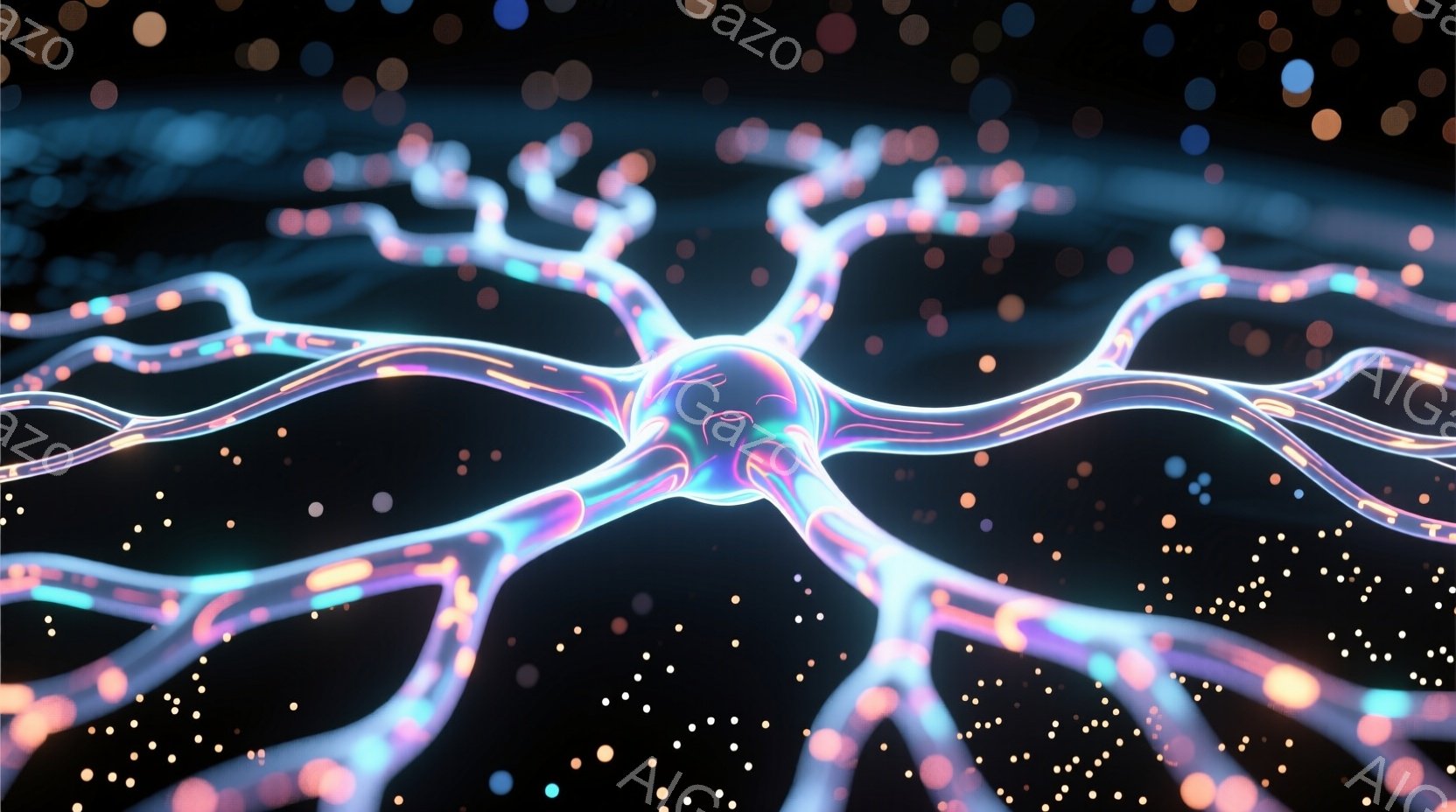 鮮やかなネオンカラーで発光する神経細胞が、暗い背景に浮かび上がっています。細胞体から放射状に広がる細い突起は、まるで光のネットワークのようです。背景には、小さな光の粒子が星のように散りばめられ、神秘的で未来的な雰囲気を醸し出しています。