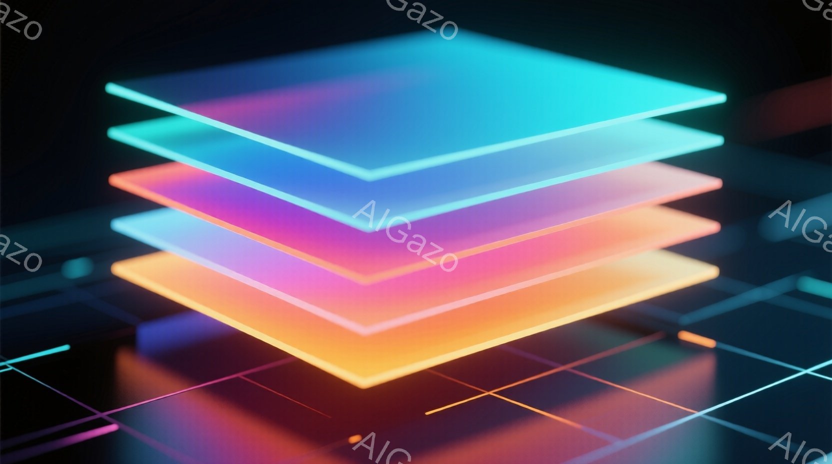 鮮やかな色彩のレイヤーが幾重にも重なり、未来的なグリッド状の床の上に浮かんでいる。各レイヤーはオレンジ、ピンク、紫、水色とグラデーションで変化し、光を放っているように見える。背景は暗く、グリッドの線がわずかに光り、全体としてサイバーパンクやテクノロジーを連想させる雰囲気を作り出している。