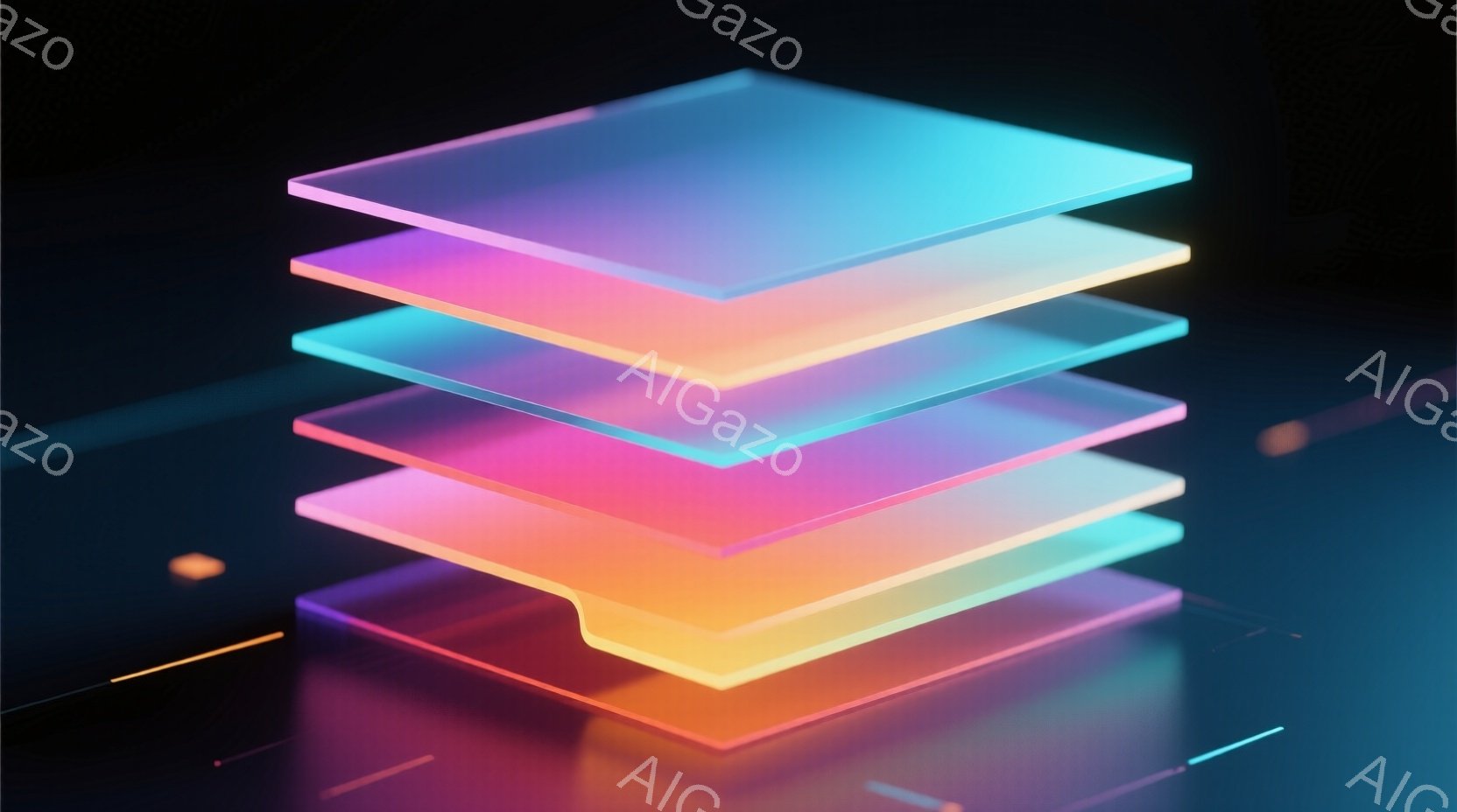 この画像は、鮮やかな色彩の半透明の板が積み重なった様子を捉えています。オレンジ、ピンク、紫、青と色が徐々に変化し、光沢のある表面が未来的な印象を与えます。背景は暗く、板の光が際立ち、奥行きと浮遊感を強 - AI生成フリー素材