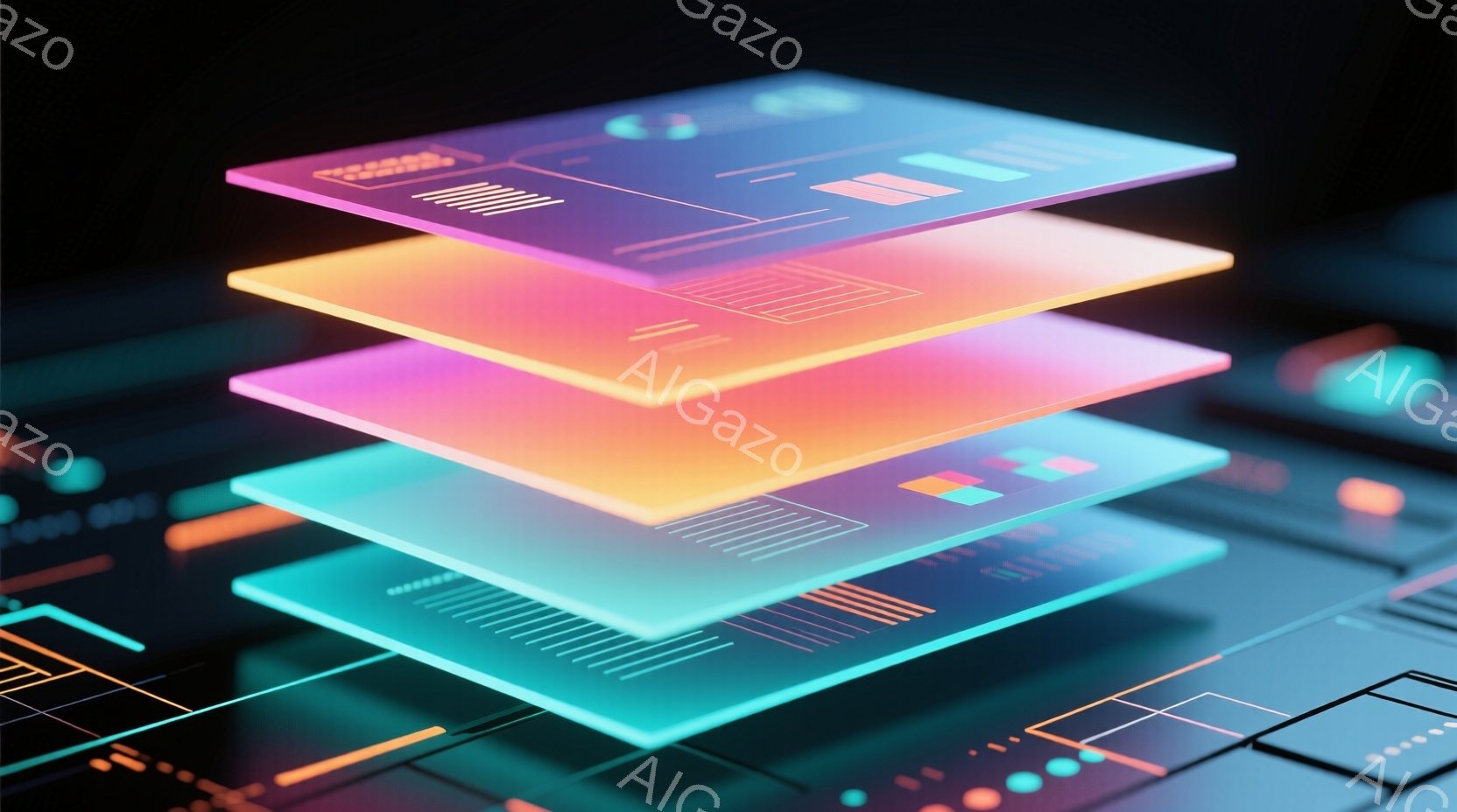 鮮やかなネオンカラーの半透明のレイヤーが、キーボードのような背景の上に重ねて配置されています。各レイヤーには、データや情報を表す線や図形が描かれており、未来的なテクノロジーやデジタルインターフェースを想起させます。全体的に、クールで洗練された、近未来的な雰囲気を醸し出しています。