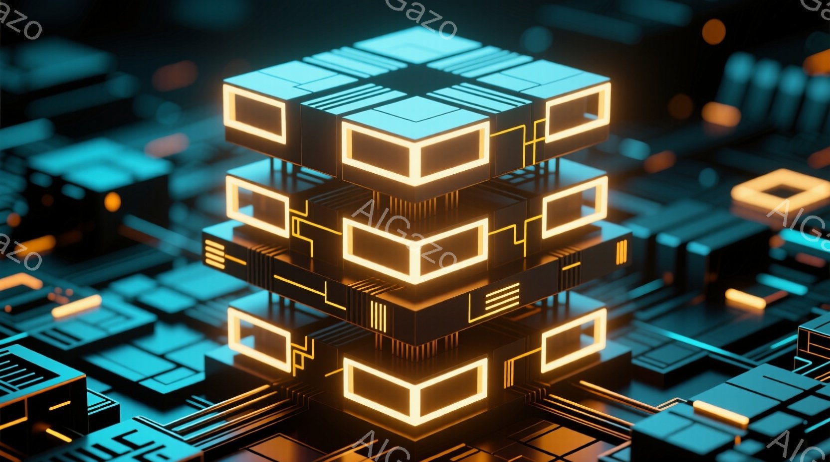 鮮やかなネオンブルーとオレンジの光が特徴的な、未来的な回路基板のような構造物が写っています。幾何学的な形状が積み重なり、複雑なパターンを形成しており、まるでデジタル世界の建造物のような印象を与えます。全体的にクールでテクノロジー感あふれる雰囲気で、近未来的なサイバー空間を連想させます。