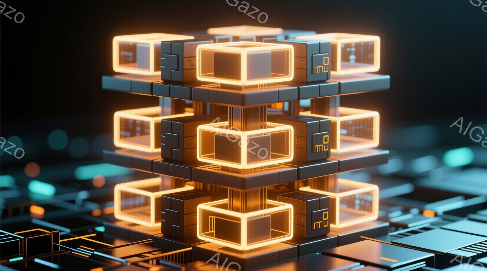 鮮やかなオレンジ色の光を放つ立方体が積み重なり、まるでデジタルな塔を形作っています。背景には、青い光のラインが走り、電子基板のような複雑な構造が広がっており、サイバーパンクな未来都市を連想させます。全体的に、高科技で未来的な雰囲気を醸し出しており、エネルギーと情報が循環しているような印象を与えます。