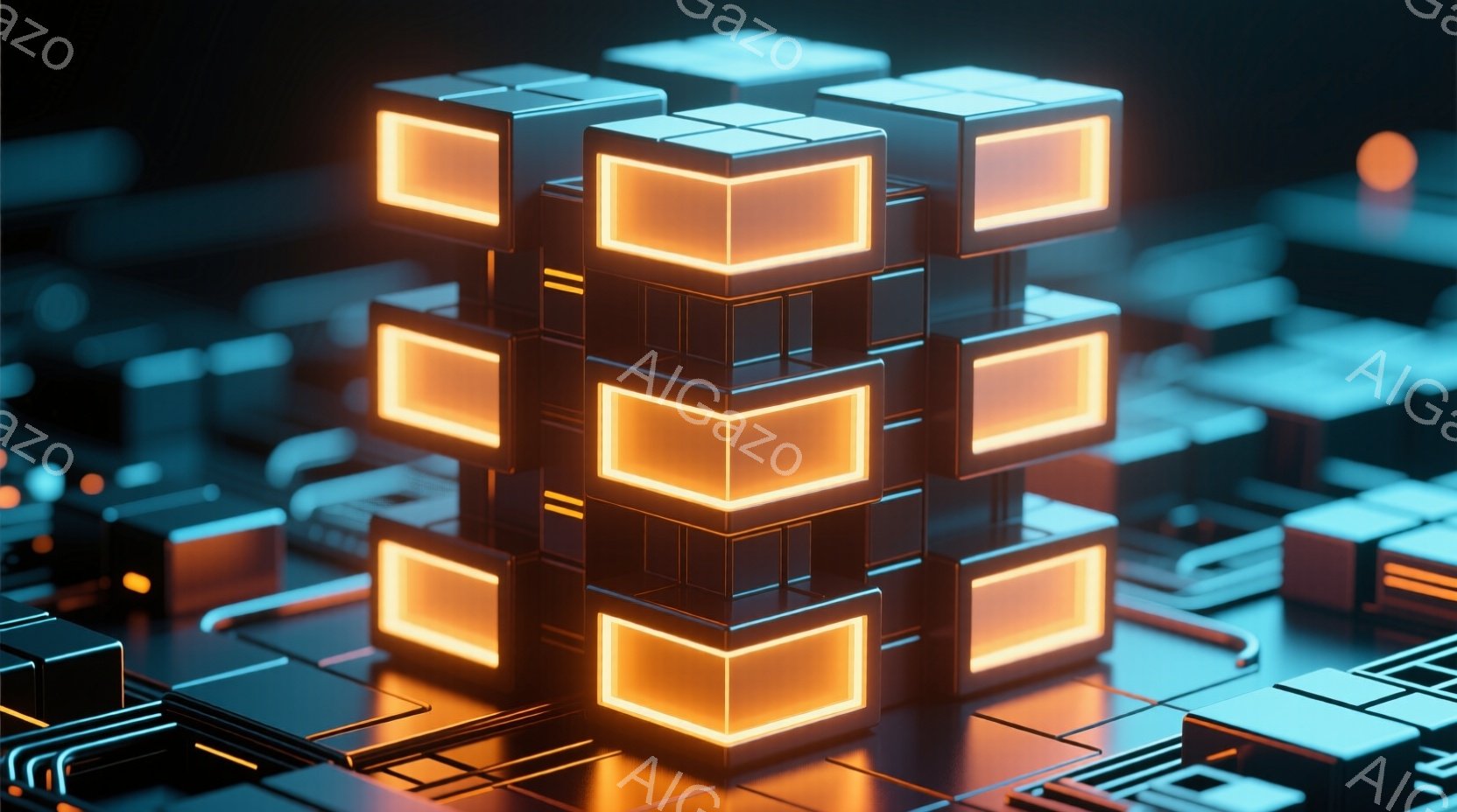 鮮やかな青色の基盤上に、オレンジ色の光を放つ立方体の塔がそびえ立っている。周囲にも同様の構造物が散在しており、サイバーパンク風の未来都市のような雰囲気を醸し出している。全体的に、発光する構造物と暗い背景のコントラストが、未来的なエネルギーを感じさせる。