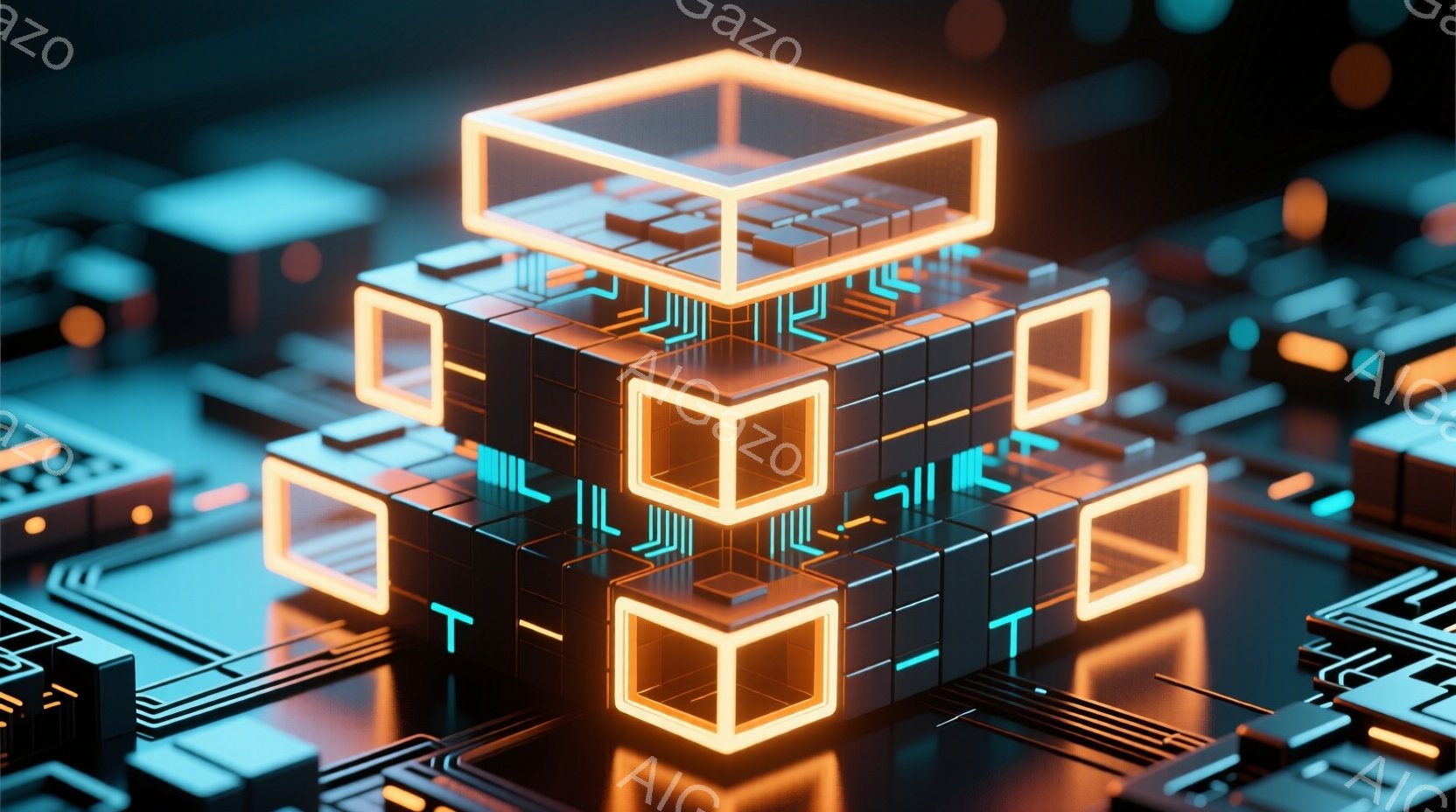 この画像は、発光するオレンジ色の立方体が積み重なった構成で、未来的な回路基板の上に配置されています。複雑な青い線と電子部品が背景にあり、技術的な雰囲気とデジタルな世界観を強調しています。全体的に、鮮や - AI生成フリー素材