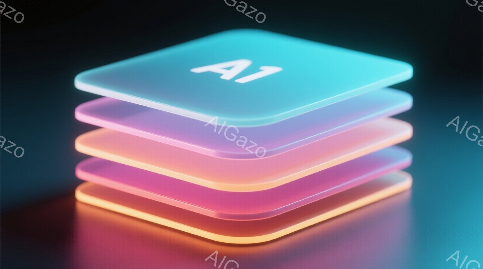 鮮やかな色彩の正方形のレイヤーが積み重なっており、上から青、紫、ピンク、オレンジのグラデーションが確認できます。各レイヤーはわずかに光を放っており、表面に反射が確認できます。背景は暗く、滑らかな質感で - AI生成フリー素材