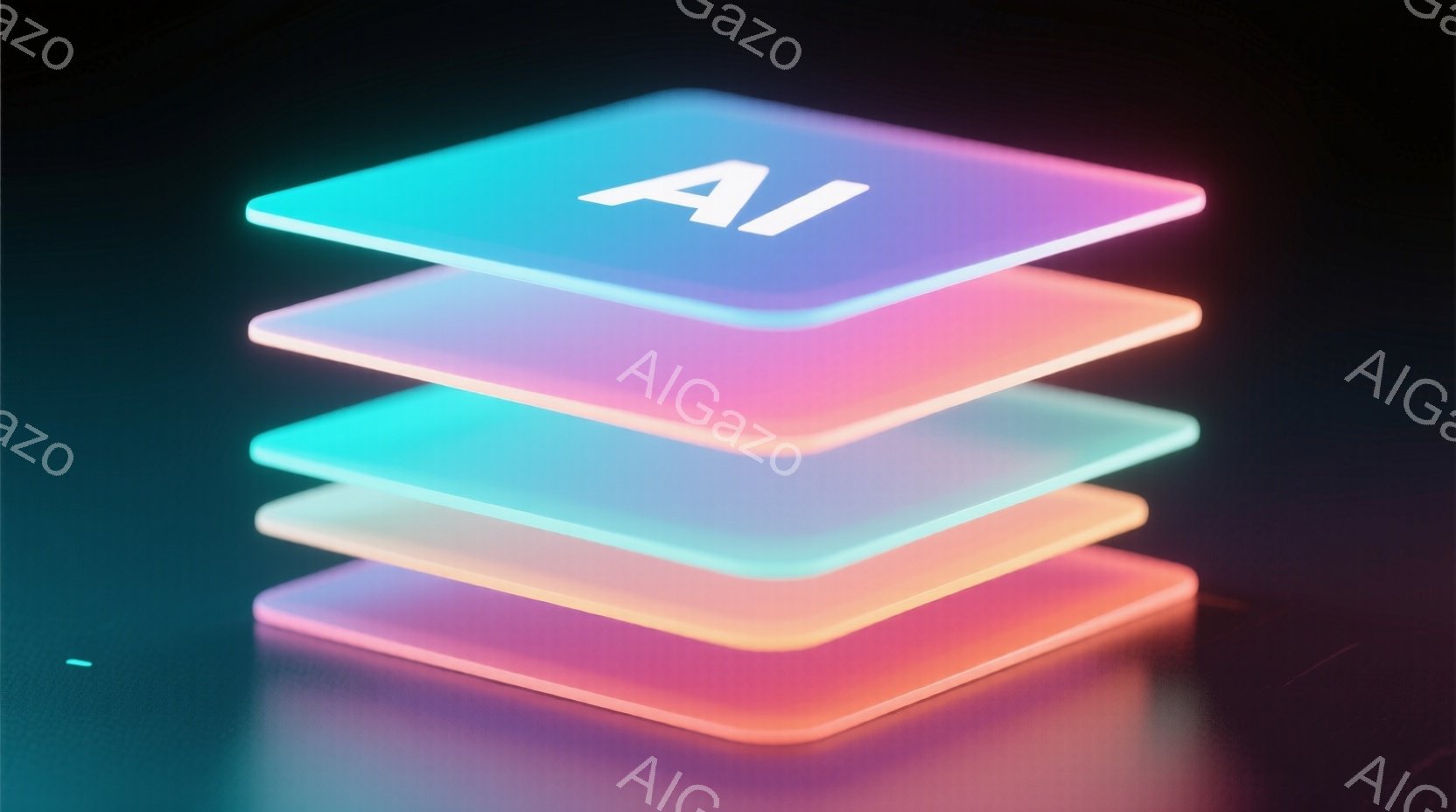 鮮やかな色彩の層が積み重なった抽象的な画像です。各層は虹色にグラデーションがかかっており、光沢のある表面が印象的です。背景は暗く、層の色彩が際立っており、未来的な雰囲気を醸し出しています。