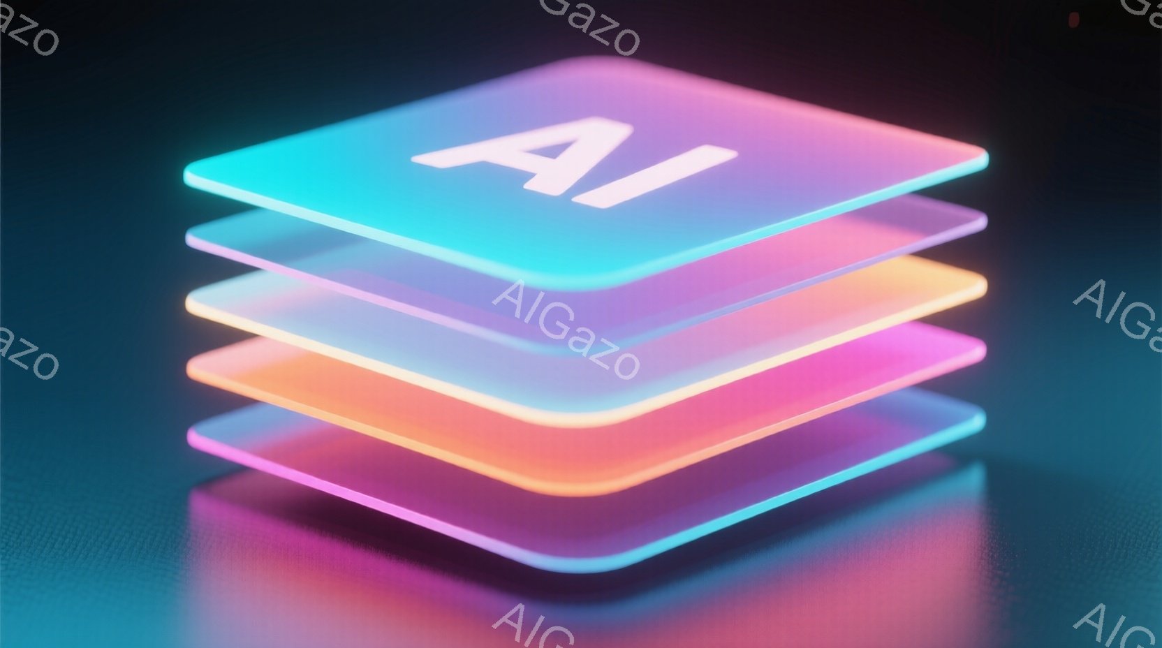 この画像は、鮮やかな色彩の半透明の正方形のレイヤーが積み重ねられた３Dレンダリングです。各レイヤーは、青、緑、オレンジ、ピンクとグラデーションで色付けられており、光沢のある表面が特徴です。背景は暗い青色で、レイヤーが反射し、未来的な雰囲気を作り出しています。