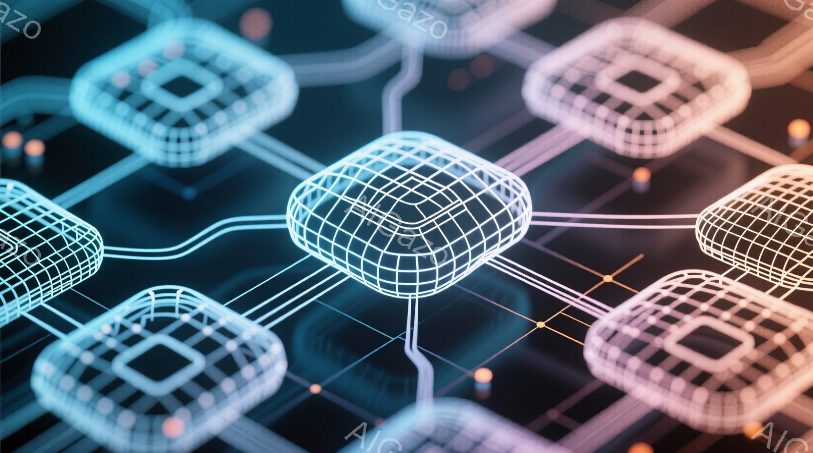 この画像は、暗い背景に浮かぶ、発光するワイヤーフレームの立方体が規則的に配置された抽象的な表現です。立方体は淡い青とピンクの色合いで輝き、細い光の線で繋がれています。全体的に未来的なテクノロジーやネットワークの概念を連想させる、洗練された雰囲気です。