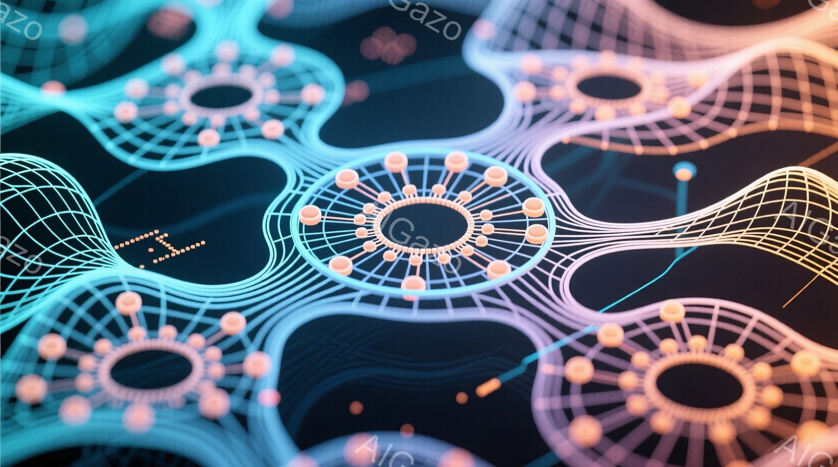 濃い青色の背景に、複雑な構造を持つ光のネットワークが広がっている。各ネットワークノードは、中心にオレンジ色の球体があり、放射状に線が伸びている独特のデザインをしている。全体的に、未来的な、抽象的で、科 - AI生成フリー素材