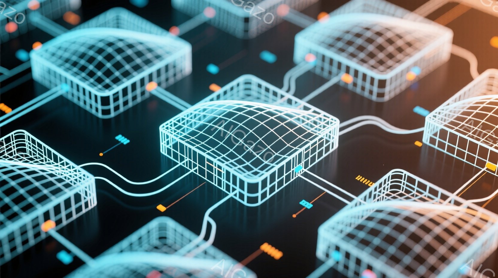 画像は、発光する青い線で構成された、ドーム状の構造物が複数、黒い背景上に配置された様子を捉えています。それらはまるで電子回路のように、細い線で繋がれており、未来的なデジタル空間を想起させます。全体的にクールで、テクノロジーを感じさせる雰囲気です。