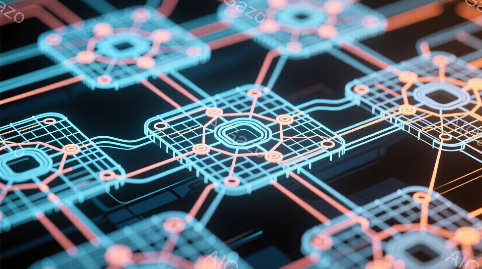 鮮やかなネオンカラーの回路図が、黒い背景の上に複雑に広がっている様子が捉えられています。青とオレンジの光が交差し、未来的なテクノロジーを想起させる幾何学模様が印象的です。回路は立体的に表現され、光のラ - AI生成フリー素材