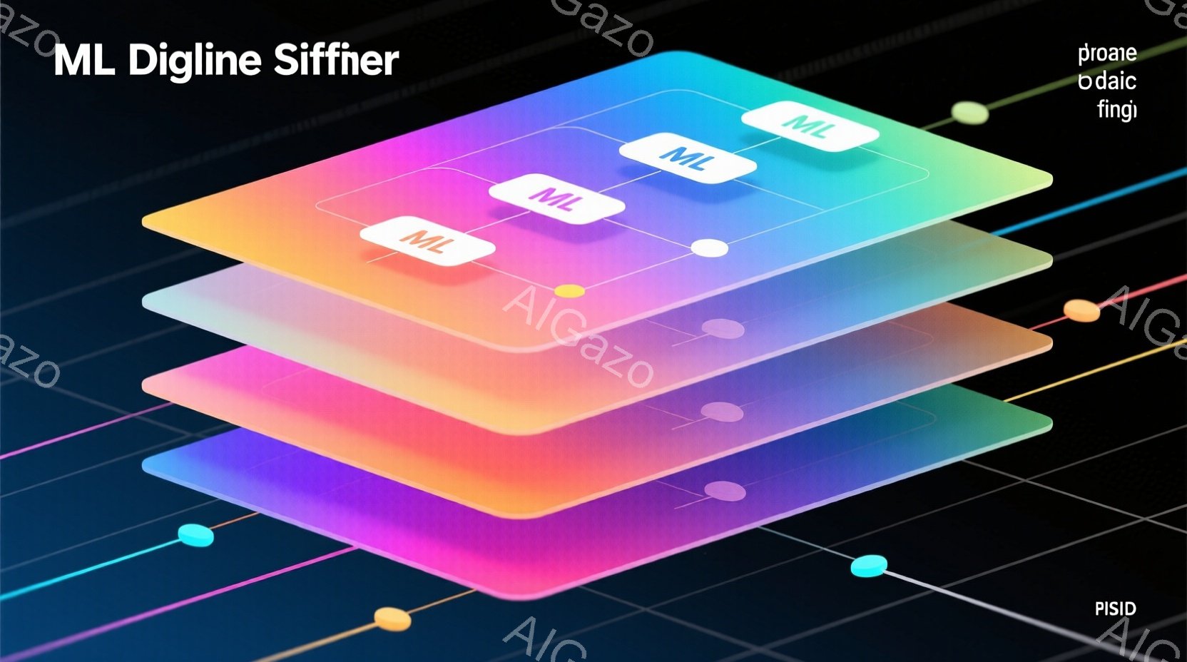 この画像は、さまざまな色合いの半透明の長方形のレイヤーが、互いにわずかにずれて積み重ねられた抽象的な構成です。各レイヤーには「ML」と書かれた小さな円形のラベルが配置されており、明るい青、緑、オレンジ、ピンク、紫の色合いが用いられています。背景は暗いグリッド状になっており、全体として現代的で技術的な印象を与えます。