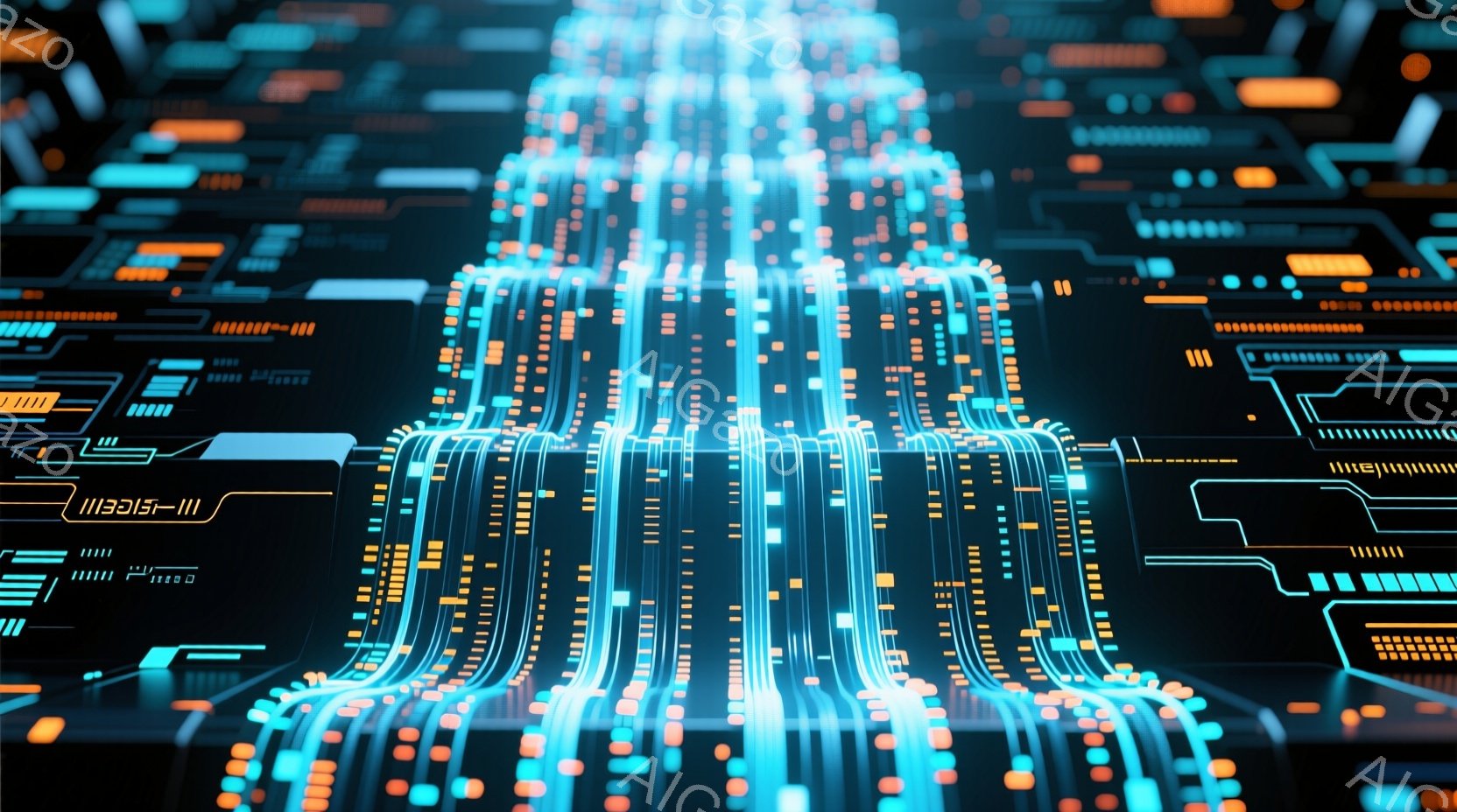 この画像は、未来的な回路と光のストリームで構成された抽象的なデジタル風景を描いています。青とオレンジの輝きが、複雑なネットワークを強調し、情報が高速で流れる様子を表現しています。全体として、テクノロジ - AI生成フリー素材