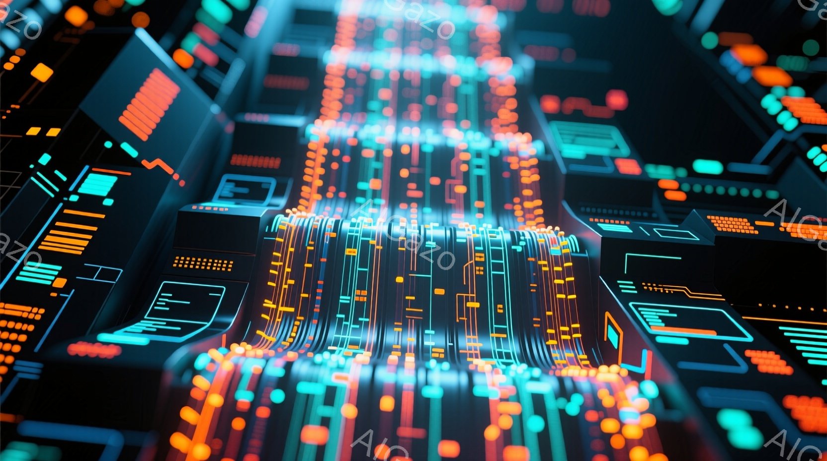 この画像は、暗い背景にネオンカラーの光が走る、未来的な回路図のような情景を描いています。細い光の線が放射状に広がり、まるで都市の夜景や血管のように見えます。全体的にテクノロジーとエネルギーが溢れる、躍 - AI生成フリー素材