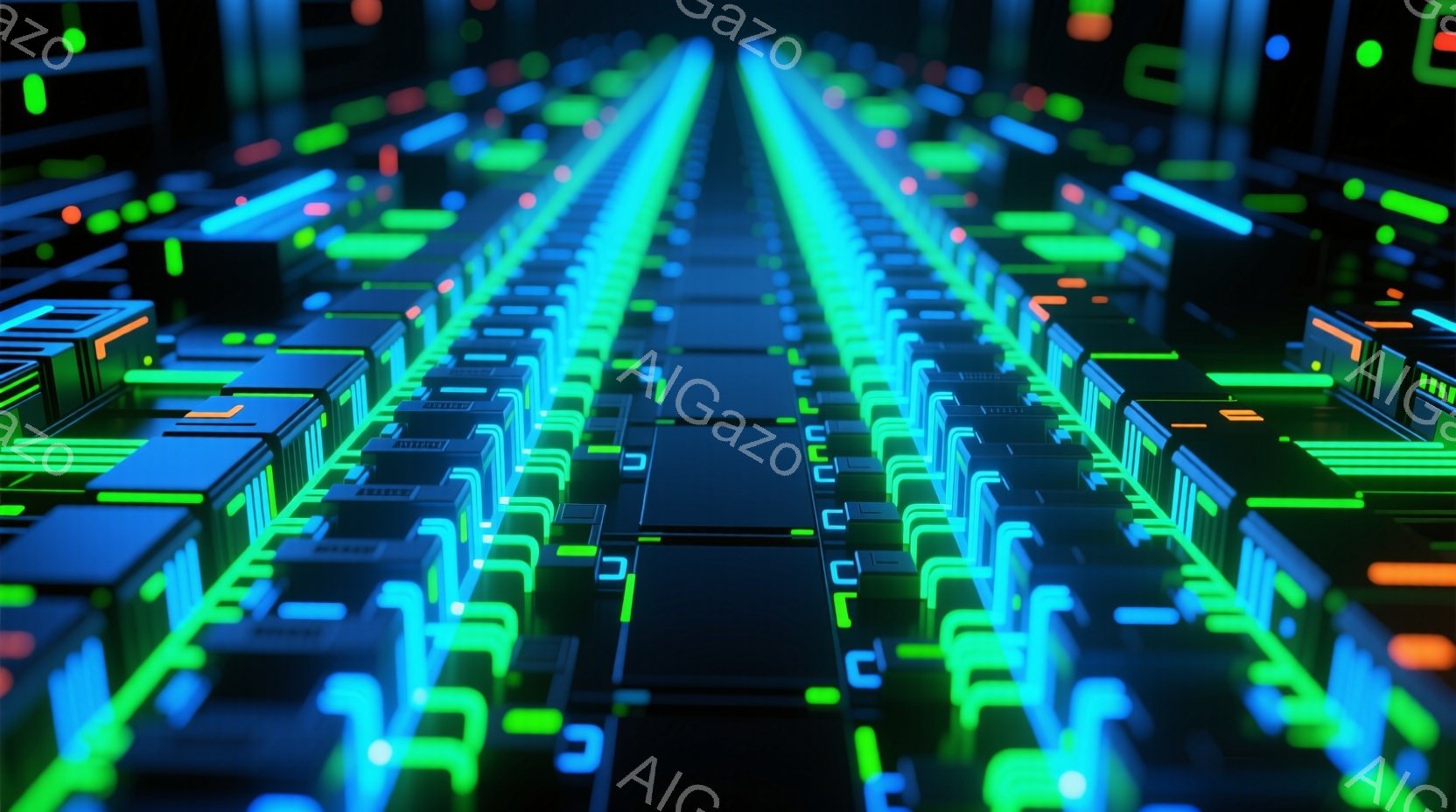 鮮やかなネオンブルーとグリーンの光が、未来的な回路や電子部品を照らし出している。無数の細長いパーツが放射状に配置され、中心に向かって収束するような視覚効果を生み出している。全体的に、サイバーパンクやテ - AI生成フリー素材