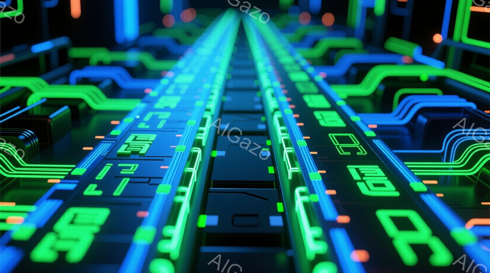 鮮やかなネオンブルーとグリーンの光が、複雑な回路のような模様を形成しており、まるで未来都市の基盤を覗き見ているかのようです。光の線は遠近法によって一点に収束し、奥行きのあるサイバーパンクな雰囲気を醸し出しています。全体的にクールでテクノロジー感溢れる印象を与えます。