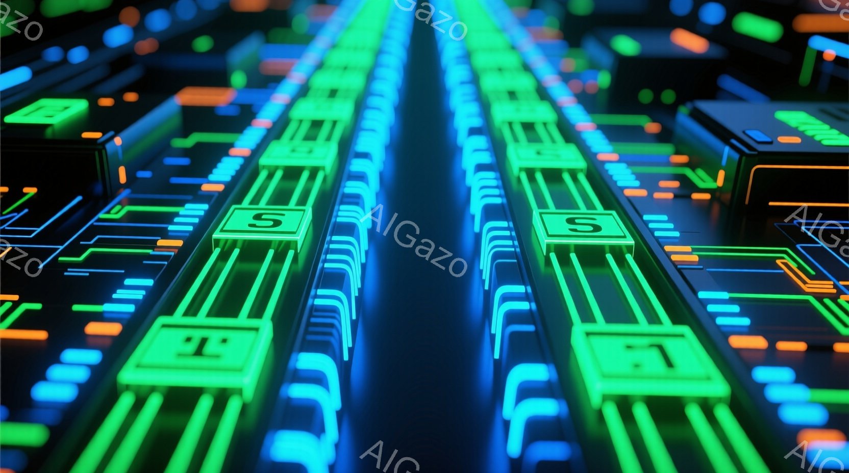 鮮やかなネオンカラーの光のラインが、まるで未来都市の回路のような構図で描かれています。青、緑、オレンジの光が交差し、奥行きのある視覚効果を生み出しています。全体的にテクノロジー感とサイバーパンクな雰囲 - AI生成フリー素材