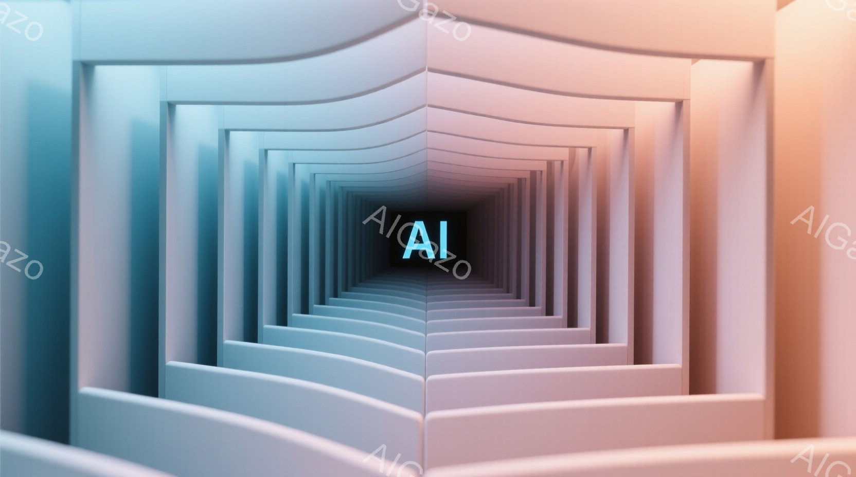 無限に続く白い壁のトンネルが印象的な画像です。壁は段階的に奥行きを増し、中央に向かって暗く、視覚的な奥行きと無限の感覚を作り出しています。全体的にミニマルで未来的でありながら、どこか神秘的な雰囲気を醸し出しています。