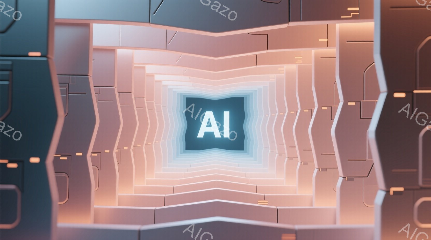 この画像は、未来的なトンネルのような構造が印象的です。壁は幾重にも重なり、淡いオレンジ色と青色の光が複雑に反射しています。中央には「AI」と書かれた輝く立方体が配置されており、技術的な進歩や知性を象徴 - AI生成フリー素材