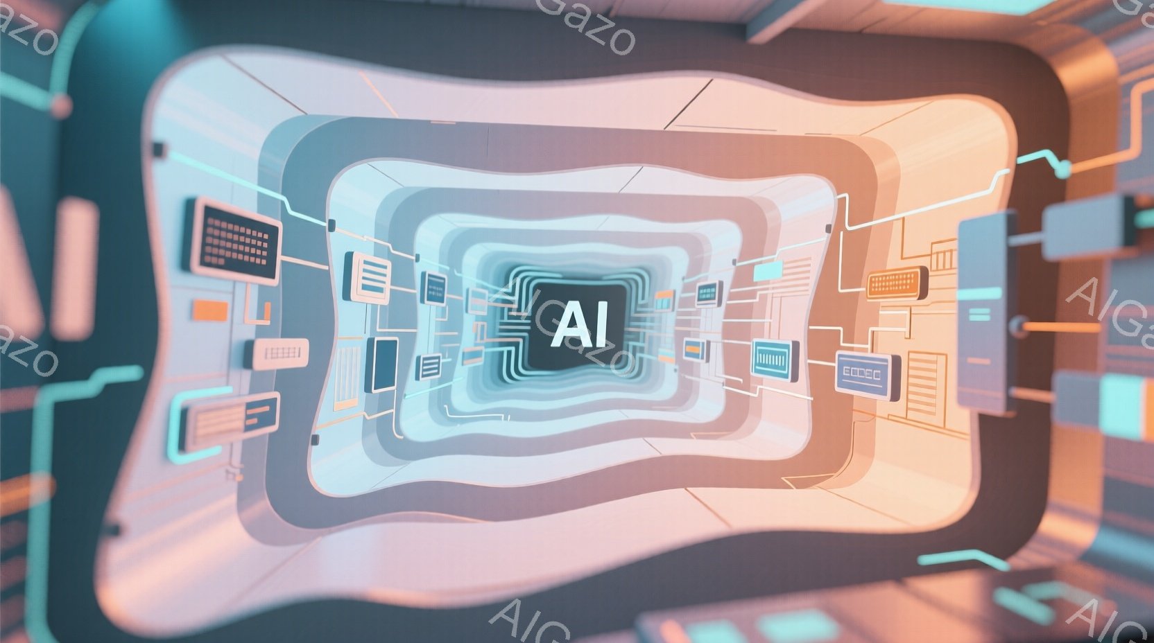 この画像は、AIと書かれた中心的な四角形を中心に、同心円状に配置された明るい青とオレンジ色の幾何学的なトンネルを描いています。トンネルの壁には、データや回路を連想させる小さな正方形のアイコンが散りばめられており、近未来的な雰囲気です。全体的に、デジタル世界や仮想現実を象徴するような、抽象的で鮮やかなイメージとなっています。