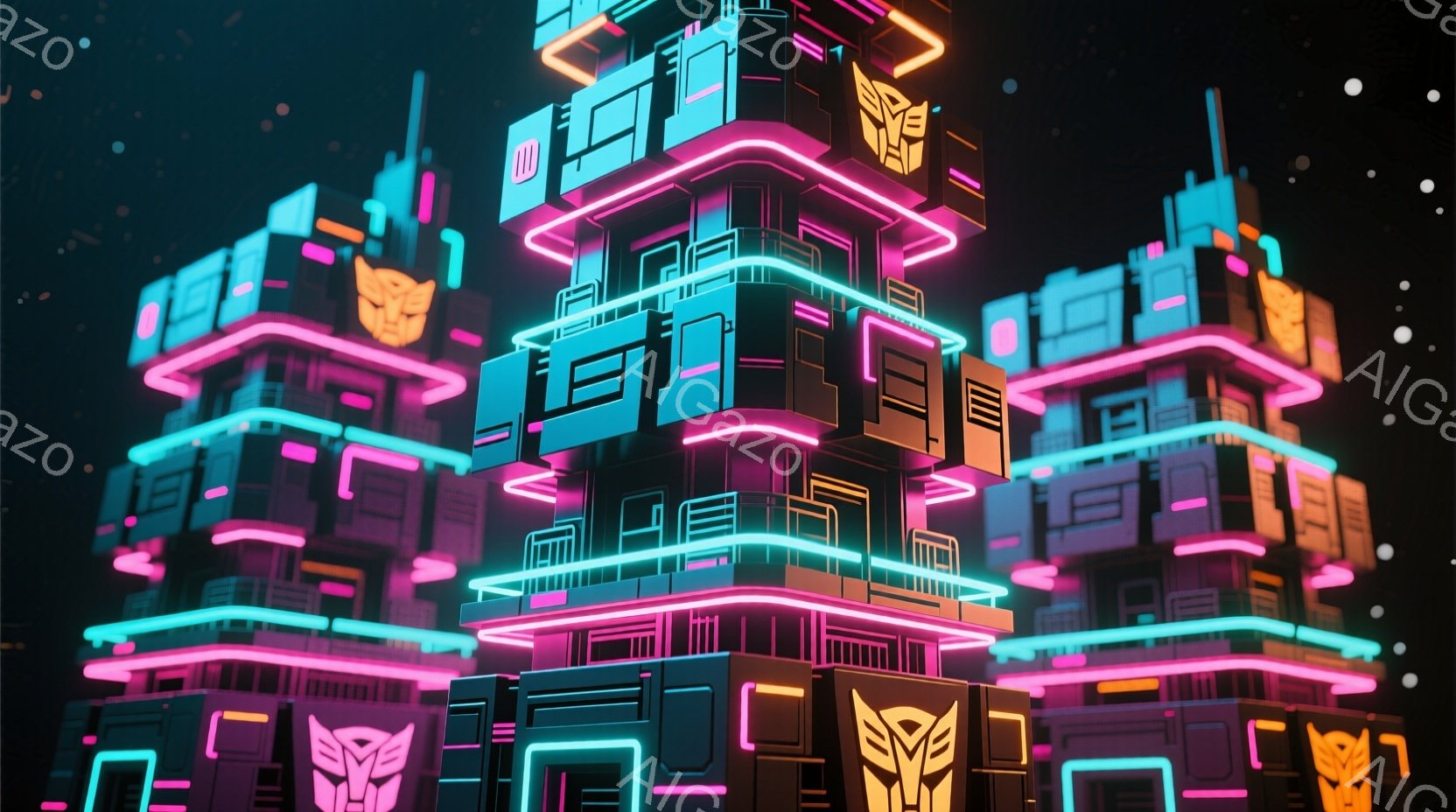 鮮やかなネオンライトで照らされた未来的な建造物が並ぶ様子が描かれています。建造物は立方体や長方形が積み重なった構造で、深い青、ピンク、オレンジの光が複雑に絡み合い、サイバーパンクな雰囲気を醸し出しています。背景は暗く、星のような光点が散りばめられており、未来都市の夜景を思わせる光景です。