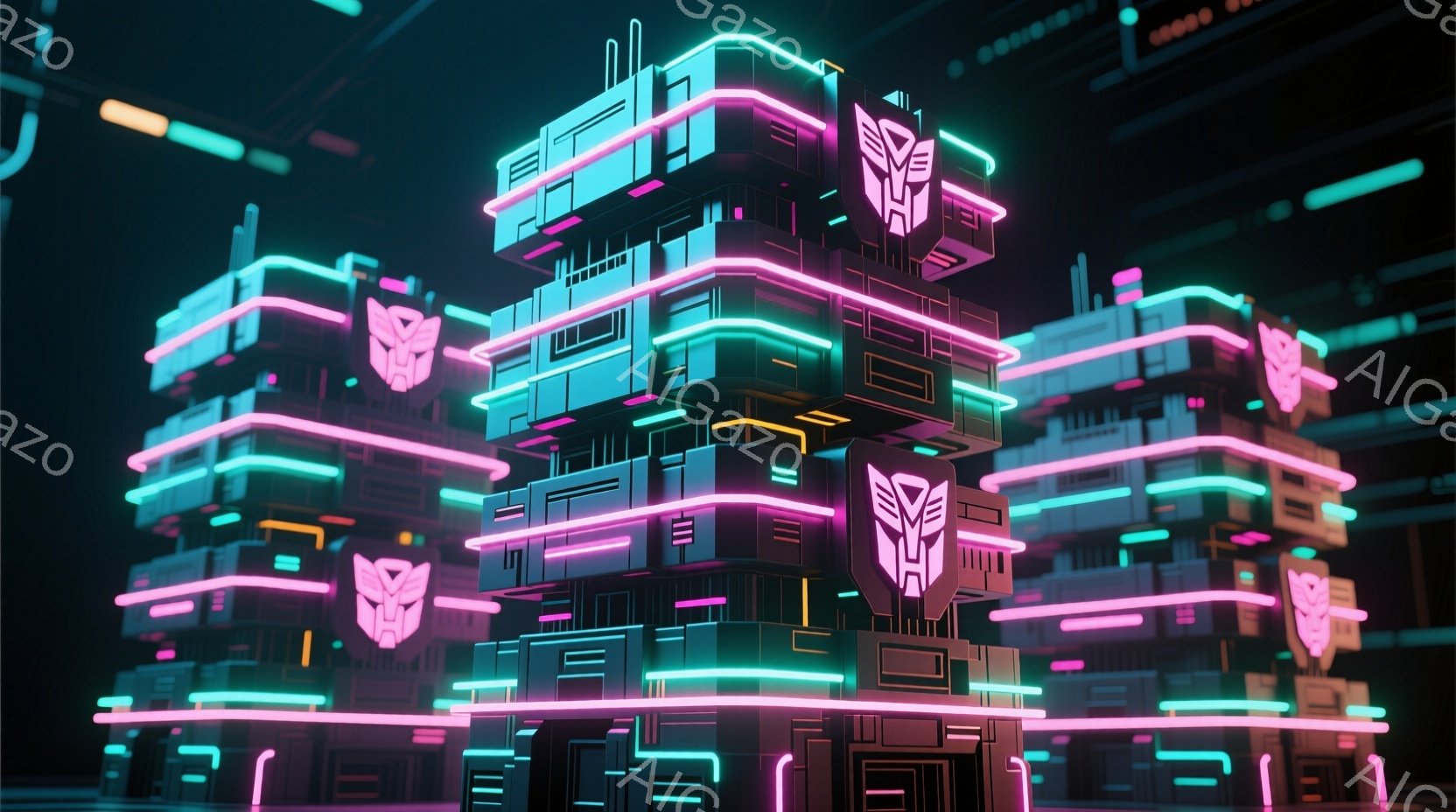 画像は未来的な都市景観を描いており、幾何学的な建物がネオンライトで装飾されています。建物は立方体と長方形を組み合わせた構造で、鮮やかなピンク、青、緑色の光が建物の輪郭を強調し、未来都市の活気ある雰囲気を醸し出しています。全体的に、スタイリッシュでサイバーパンクな印象を与える画像です。