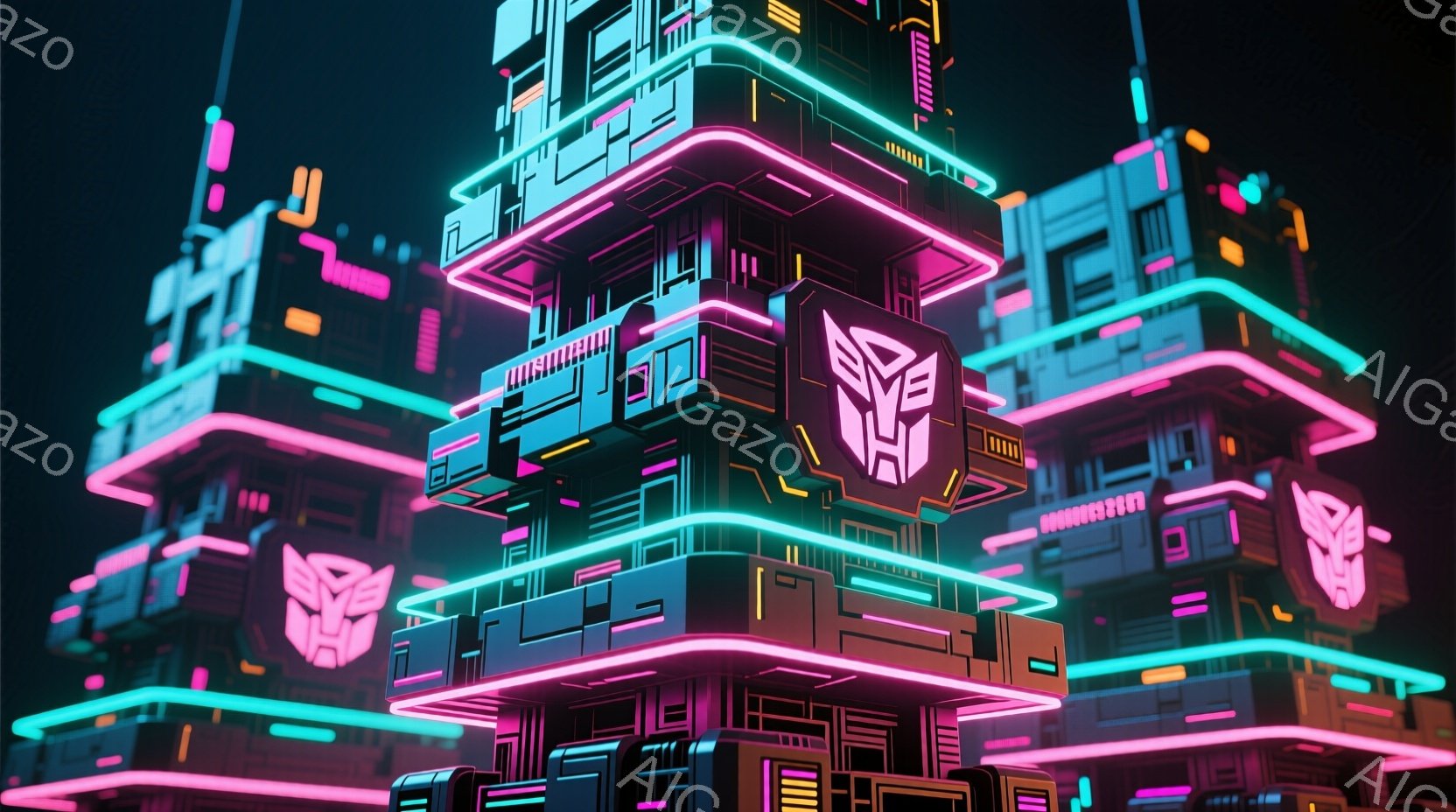画像は、ネオンカラーで照らされた未来的な建造物が複数並んでいる様子を描いています。各建造物は幾何学的な形状を持ち、紫、青、オレンジのネオンライトが複雑なパターンで縁取られています。背景は暗く、都市の夜景を想起させるサイバーパンク風の雰囲気が漂っています。