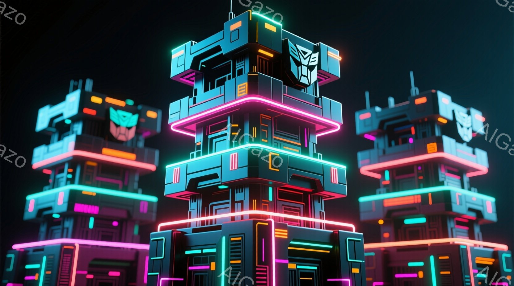 画像には、ネオンライトで照らされた未来的な建造物が複数描かれています。各建造物は立方体状のモジュールが積み重なっており、鮮やかな青、ピンク、オレンジ色の光が建物の輪郭や内部を強調しています。背景は暗く、建造物のネオンが際立っており、サイバーパンク風の雰囲気を醸し出しています。