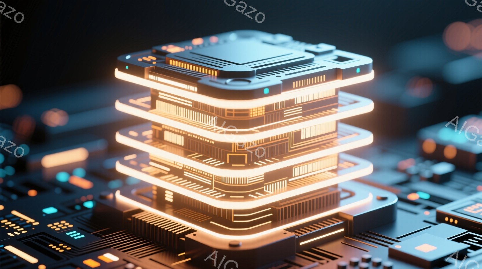 この画像は、複雑な電子回路基板を重ねた、未来的なイメージです。各基板は発光するオレンジ色のラインで縁取られており、高度なテクノロジーとエネルギーの流れを視覚的に表現しています。暗い背景に浮かび上がる回 - AI生成フリー素材