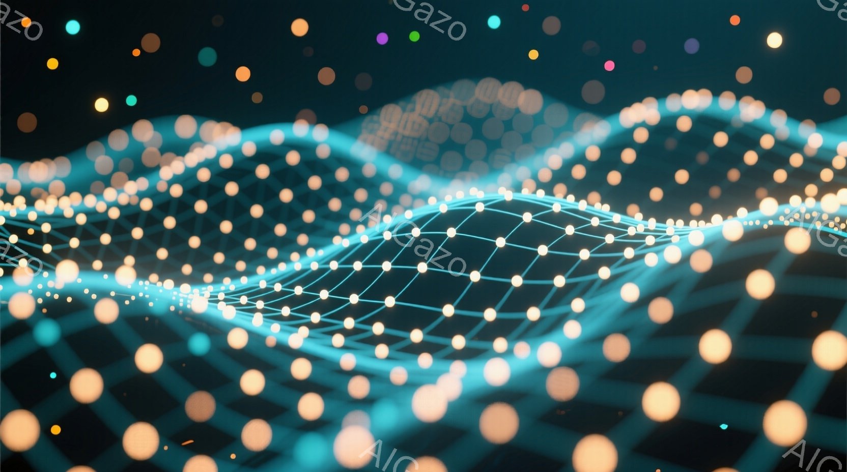 鮮やかな青色の線が波のように繋がり、暗い背景に浮かび上がっています。その周囲には、様々な大きさの光る粒子が散りばめられ、奥行きと神秘的な雰囲気を醸し出しています。全体的に未来的なテクノロジーと有機的な生命の融合を表現した抽象的なイメージです。