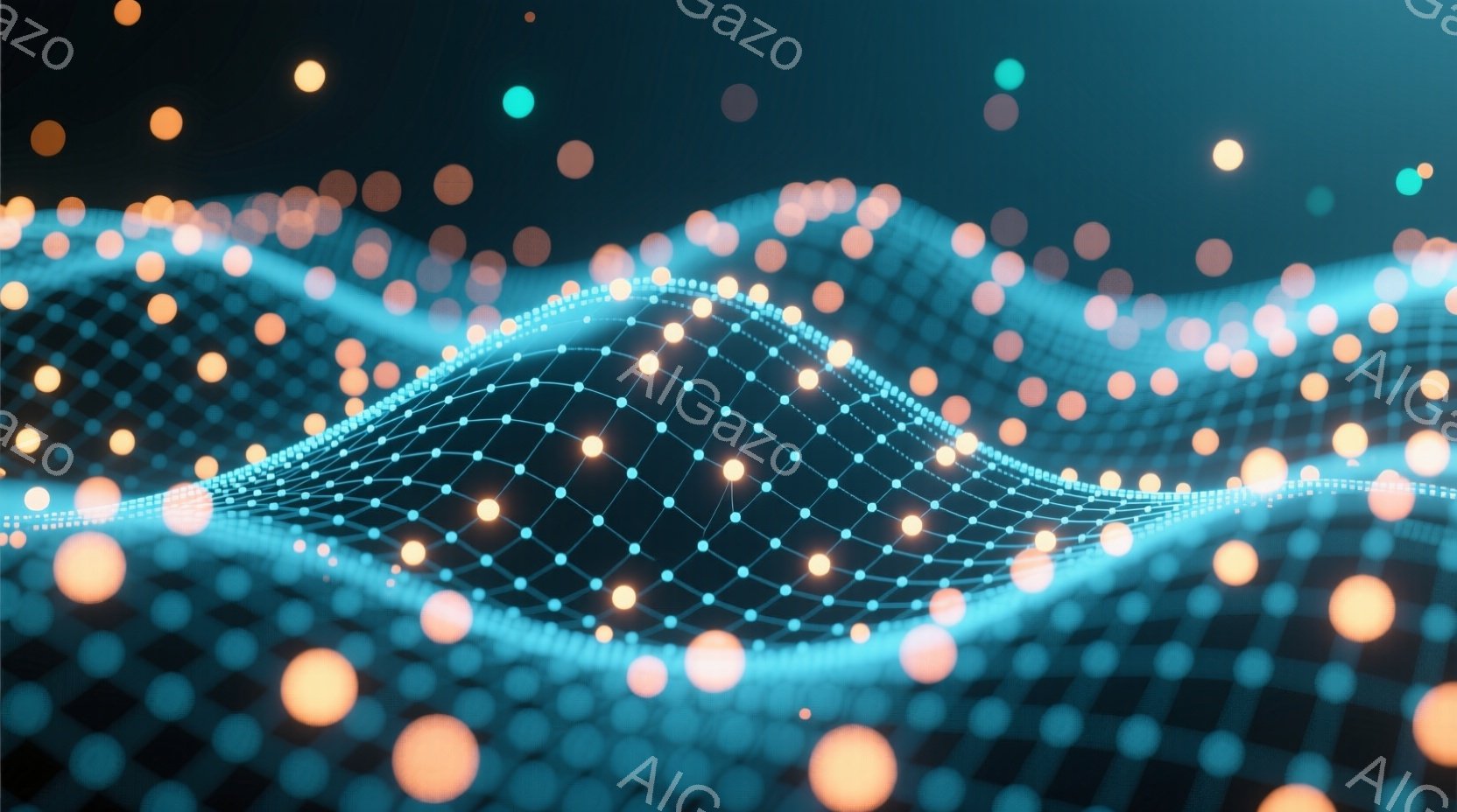 鮮やかな青色の光の線が波のようにうねり、無数の輝くオレンジと白の光球が空間に浮かんでいる抽象的なイメージです。光の線は細かい点で結ばれており、複雑なネットワークを形成しています。全体的に未来的な、デジ - AI生成フリー素材