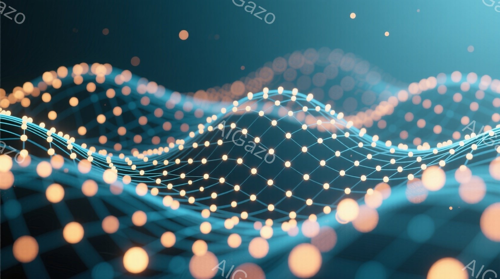 鮮やかな青色の背景に、光り輝く点と線が網の目のように連なり、波のような有機的な形状を形成しています。明るいオレンジと黄色の光が点在し、奥行きと動きを強調しています。全体的に、デジタルなネットワークやデータの流れを連想させる、未来的な雰囲気です。