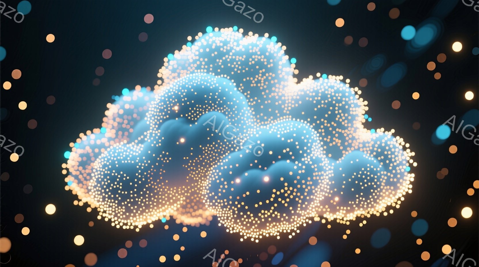 鮮やかな青とオレンジ色の光の粒子で構成された雲が、暗い背景に浮かび上がっています。粒子は密度を変え、雲の形を表現しており、内部には青色の光がぼんやりと輝いています。背景には、さまざまな色の小さな光の粒子が散りばめられ、幻想的な雰囲気を醸し出しています。