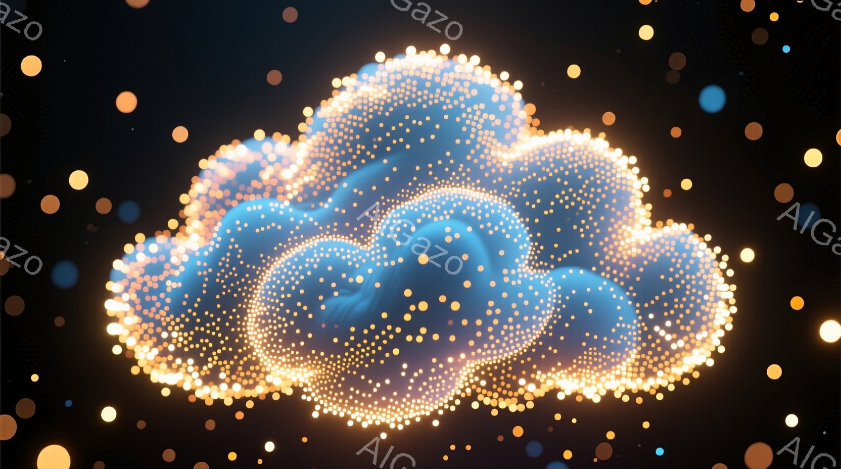 鮮やかな青色の雲が、無数の輝く金色の粒子で縁取られています。背景は暗く、様々な大きさの金色と青色の光の点が散りばめられ、幻想的な雰囲気を醸し出しています。この雲はまるで星雲のように、光り輝き、柔らかい光を放っています。