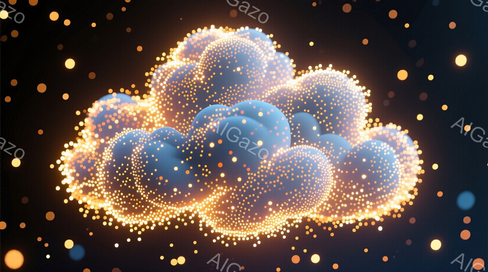 暗い背景に、多数の輝く光点から構成された雲のような形が浮かび上がっています。その雲は、青と紫の色合いを持ち、まるで星雲のような幻想的な雰囲気を醸し出しています。光点は雲の輪郭を強調し、神秘的で美しい光 - AI生成フリー素材