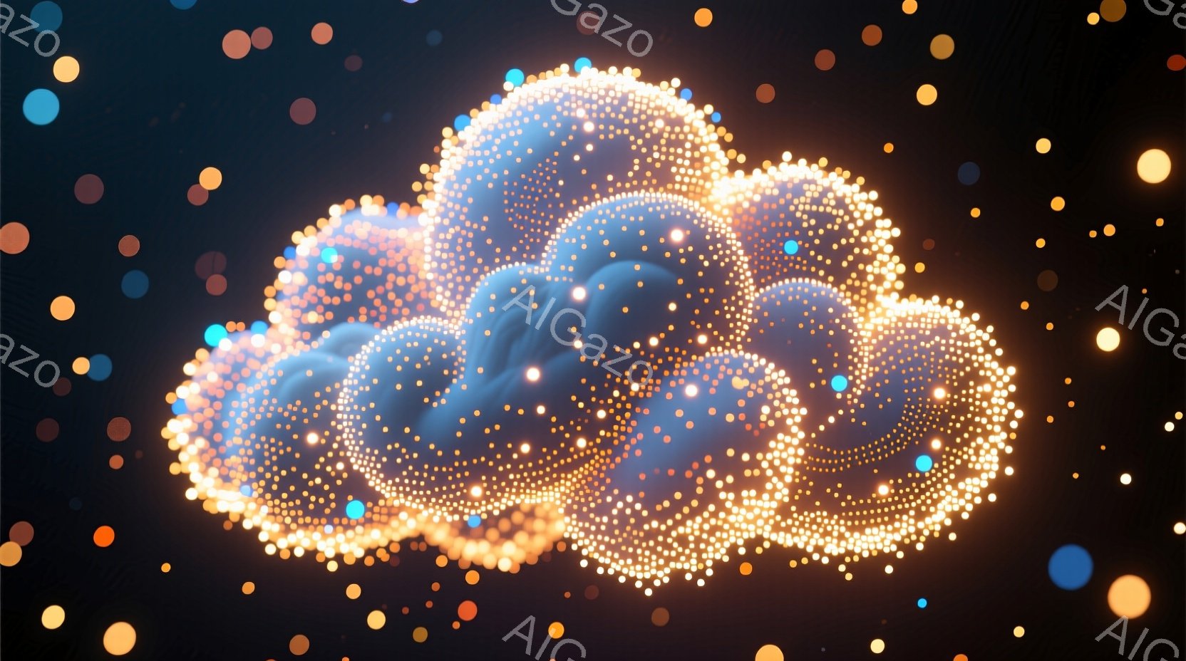 鮮やかな光の粒子が密集して、まるで脳の形を模した立体的な構造物を形成している。暗い背景に浮かび上がり、オレンジと青のグラデーションが幻想的な雰囲気を醸し出している。粒子は繊細な輝きを放ち、脳の各部分が - AI生成フリー素材