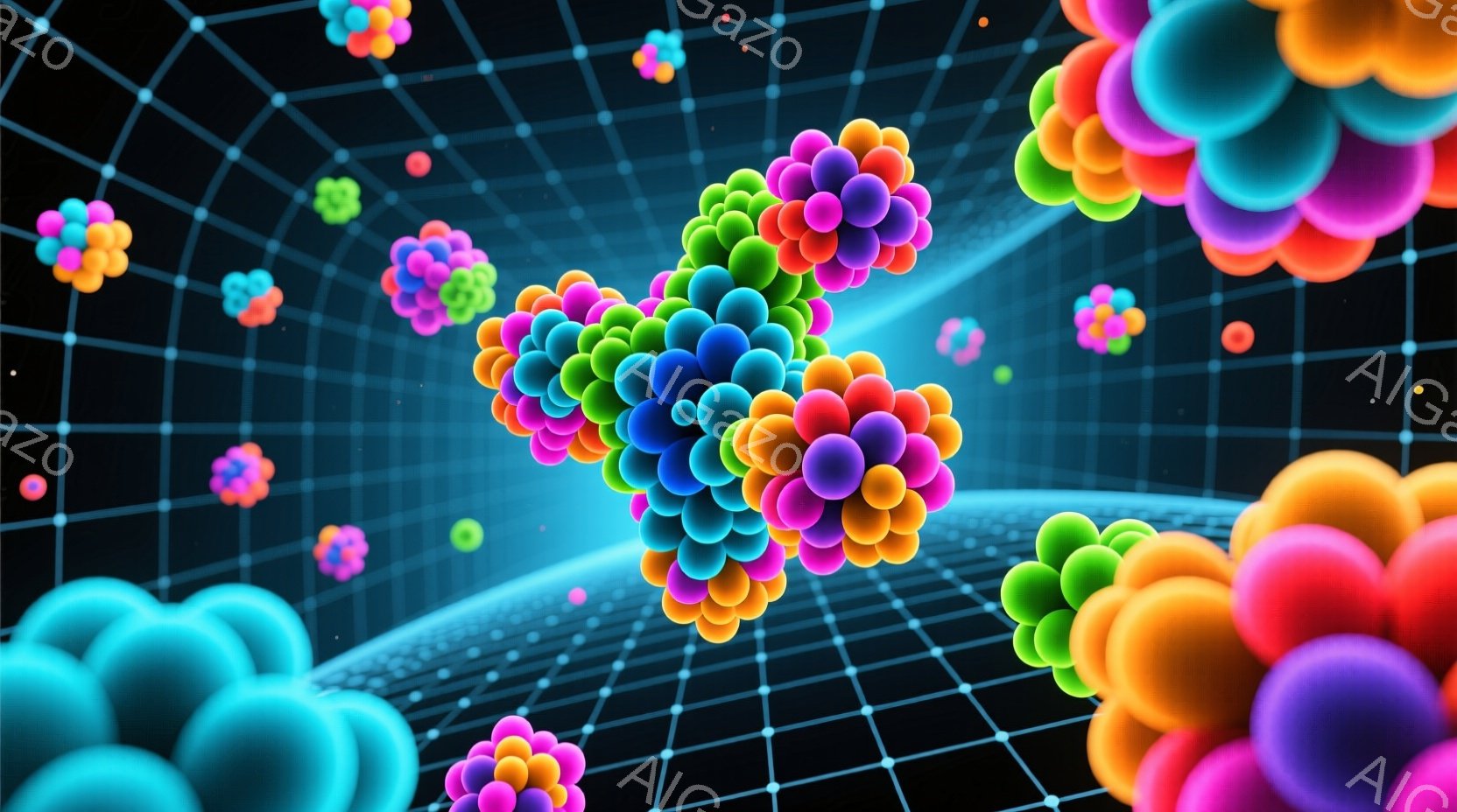 この画像は、鮮やかな色の球体で構成された抽象的な構成が特徴です。球体は赤、青、緑、黄色、オレンジ、紫など様々な色をしており、互いに密集し、ネットワーク状の背景の中に浮かんでいます。全体的に、科学的で未 - AI生成フリー素材