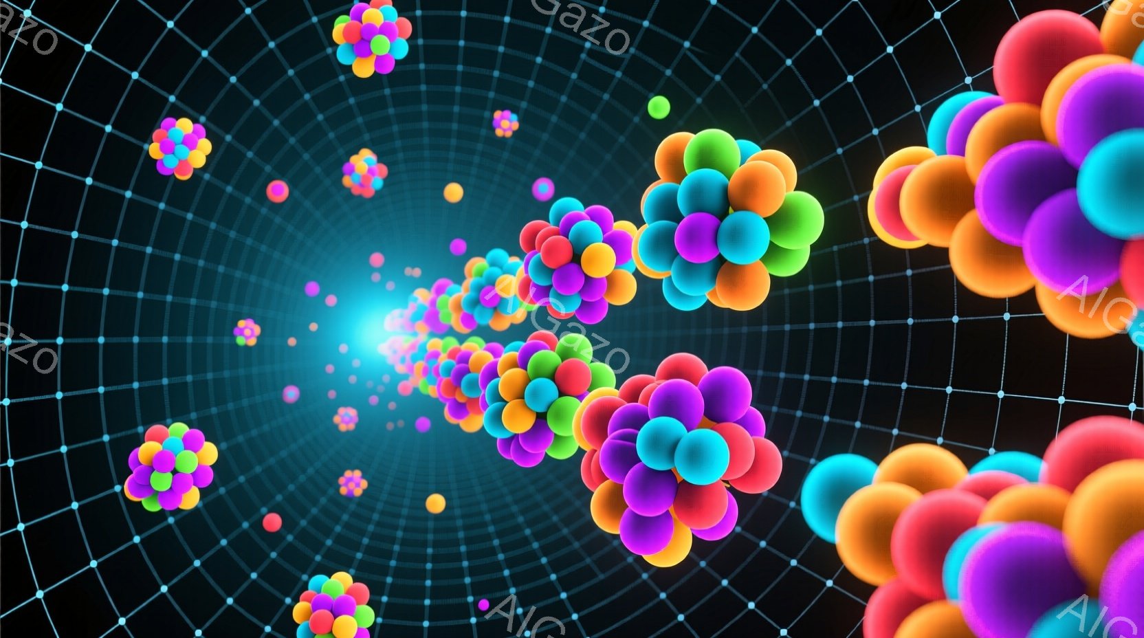 この画像は、暗い背景に点在するカラフルな球体の集合体を描いています。球体はそれぞれ、赤、オレンジ、黄、緑、青、紫などの鮮やかな色で構成され、複雑な構造を持っています。光の筋が背景から伸びており、球体を照らし出し、未来的な、そしてダイナミックな雰囲気を醸し出しています。