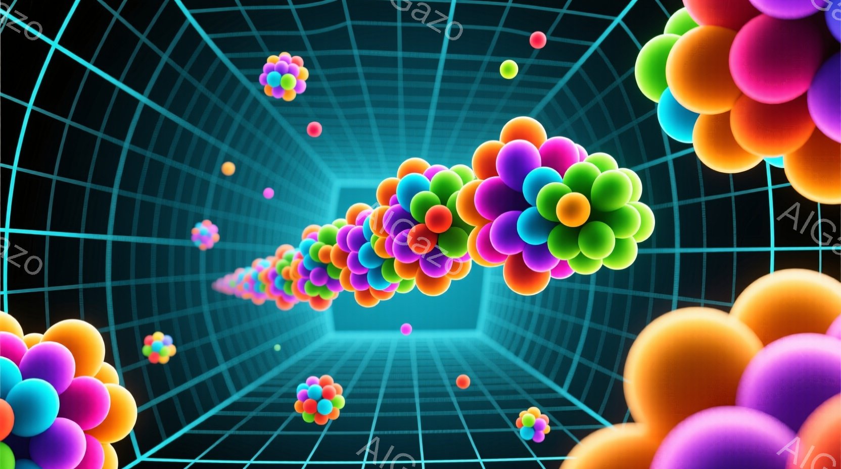 この画像は、鮮やかな色彩の球体が、グリッド状のトンネルの中に浮遊している様子を描いています。球体は赤、オレンジ、黄、緑、青、紫など様々な色で構成され、トンネルの中心に向かって収束しているように見えます。背景は暗い青色のグリッドで、奥行きと無限の空間を強調しています。