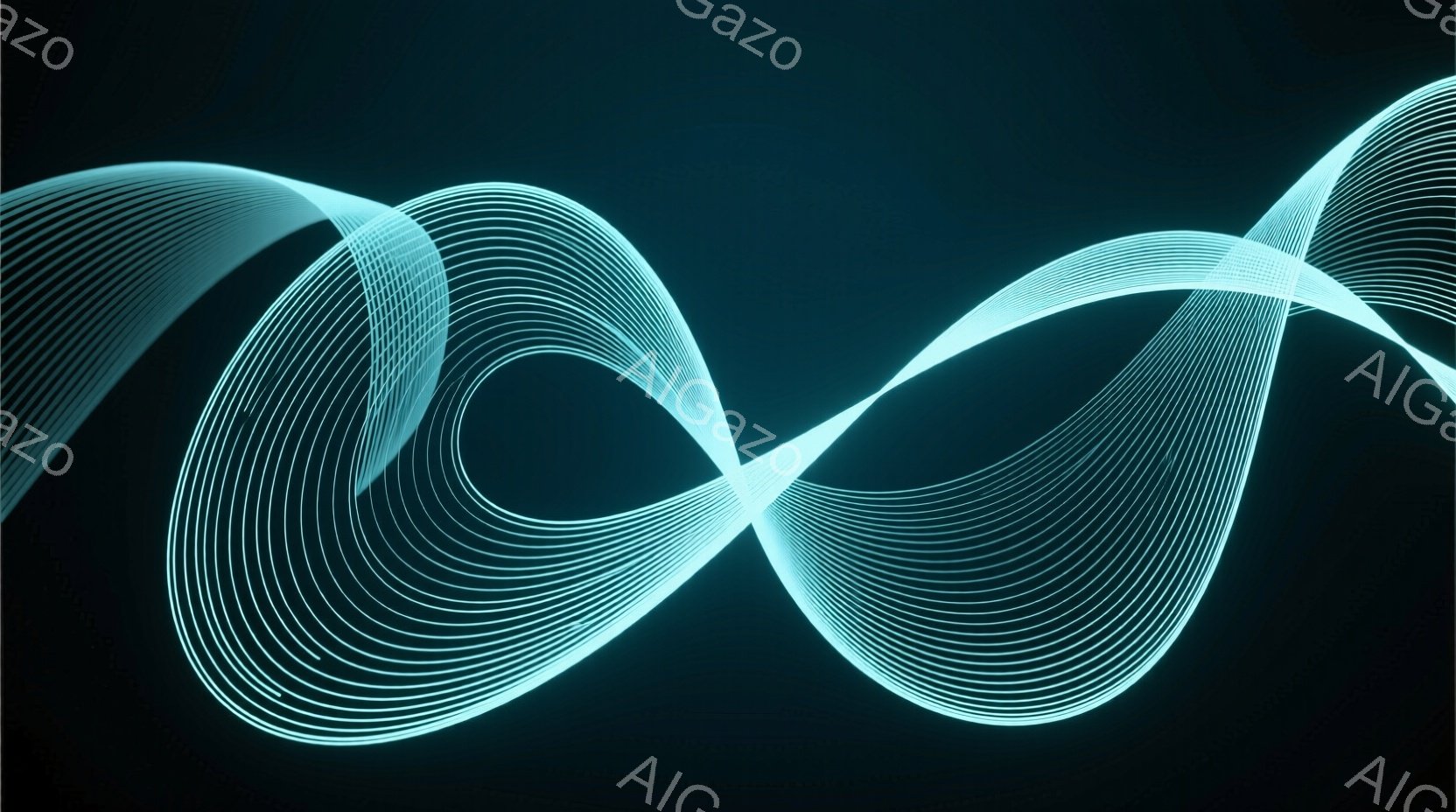 鮮やかなターコイズブルーの光の線が、無数の曲線を描き、複雑な模様を形成している。暗い背景に浮かび上がり、まるでエネルギーの流れや抽象的な彫刻のような印象を与える。流れるような光の軌跡は、ダイナミックで - AI生成フリー素材